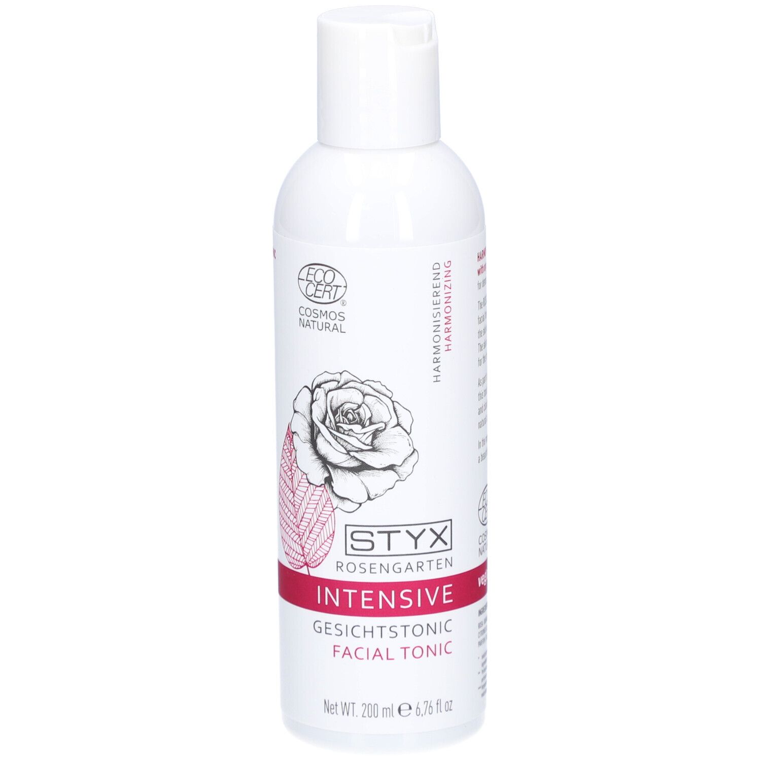 Weiße Flasche mit STYX Rosengarten Gesichtstonic. Aufdrucke: Logo, Rose, 'Intensive', 'Gesichtstonic Facial Tonic'.