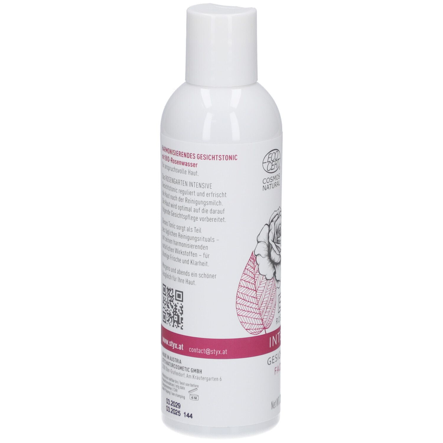 Rückseite der weißen Flasche STYX Rosengarten Gesichtstonic. Text, QR-Code, Logo, Rose, Zertifizierung.