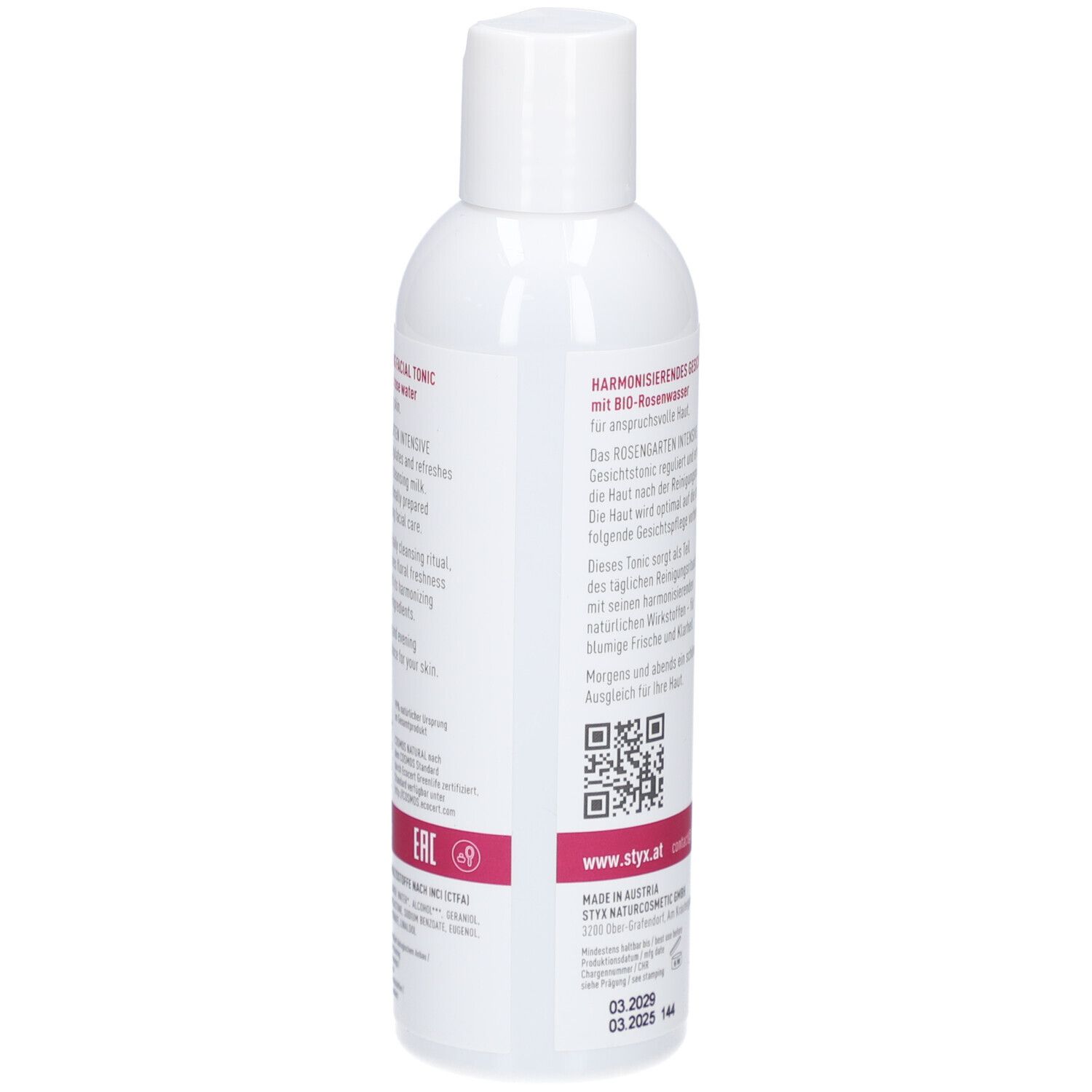 Rückseite der weißen Flasche STYX Rosengarten Gesichtstonic. Text, QR-Code, Logo, Rose, Zertifizierung.