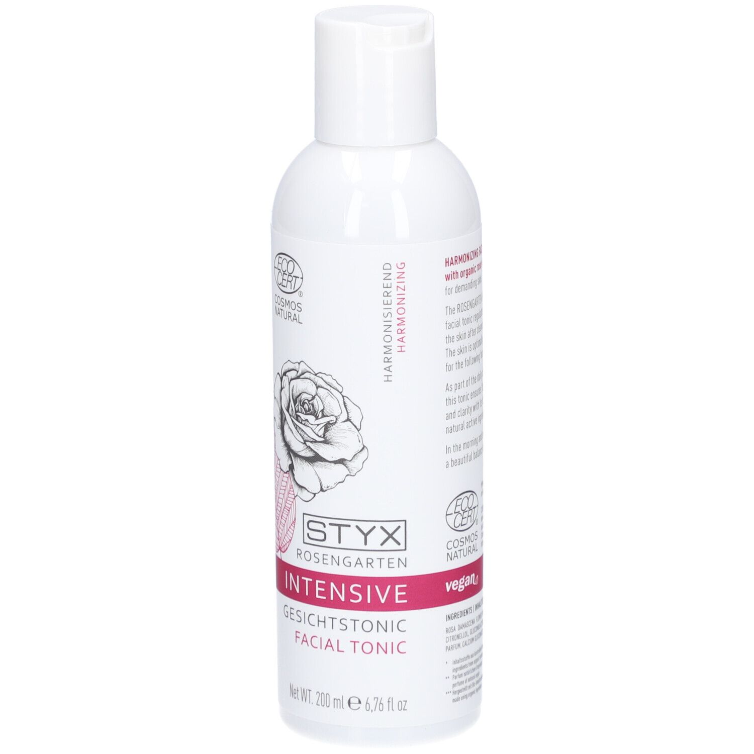 Weiße Flasche STYX Rosengarten Gesichtstonic. Logo, Rose, 'Intensive', 'Gesichtstonic Facial Tonic', Zertifizierung.