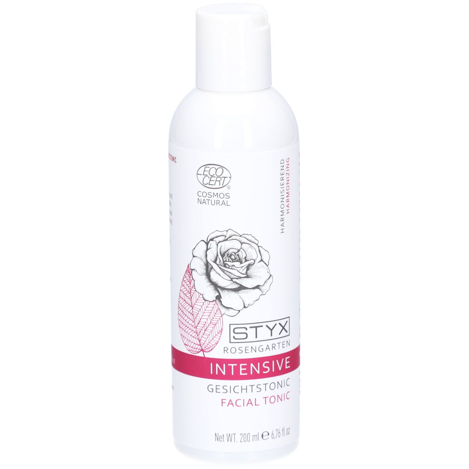Weiße Flasche STYX Rosengarten Gesichtstonic. Logo, Rose, 'Intensive', 'Gesichtstonic Facial Tonic', Zertifizierung.
