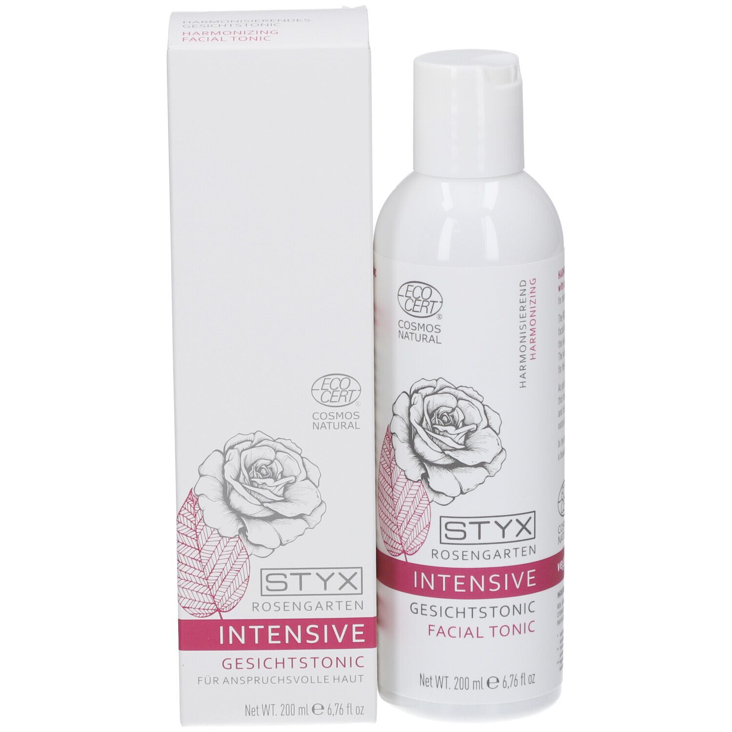 Weiße Flasche und Schachtel STYX Rosengarten Gesichtstonic. Logo, Rose, 'Intensive', 'Gesichtstonic'.
