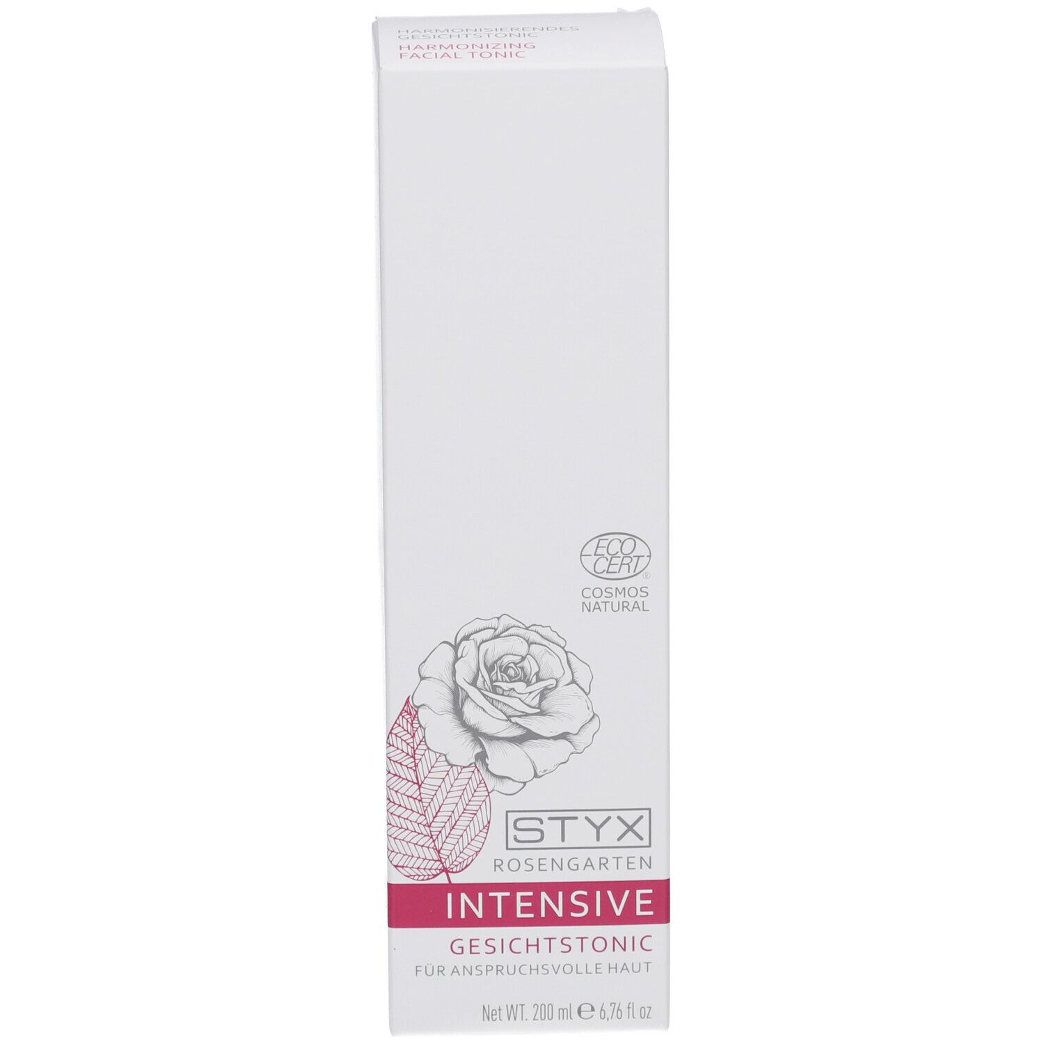 Weiße Schachtel STYX Rosengarten Gesichtstonic. Logo, Rose, 'Intensive', 'Gesichtstonic', Zertifizierung.