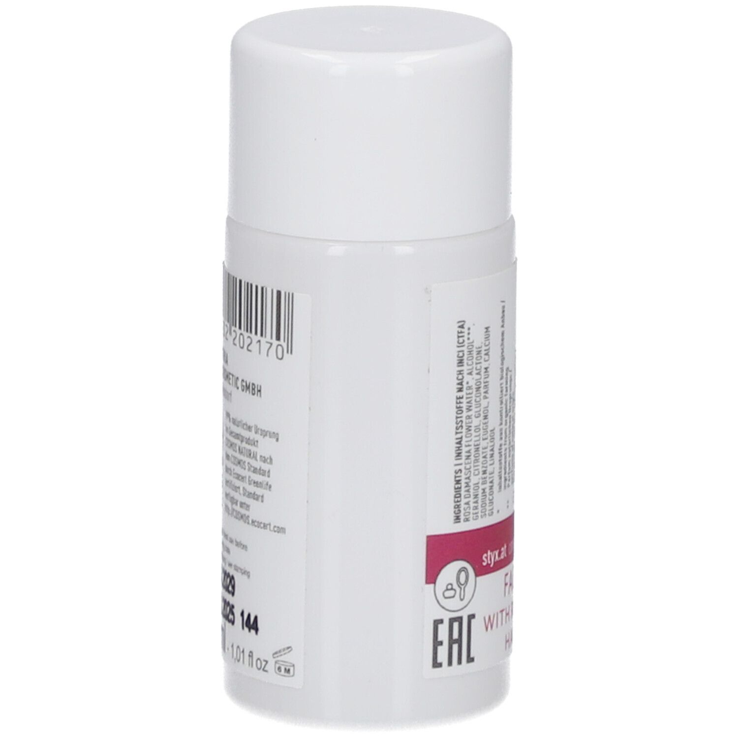 Weiße Flasche mit Deckel. Barcode und Text. Aufschrift STYX Naturcosmetic GmbH. ECOCERT-Logo.