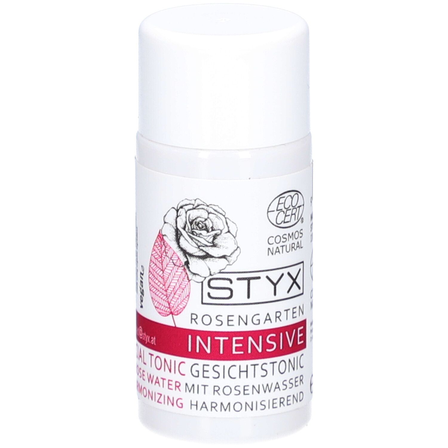 Weiße Flasche mit Deckel. Aufschrift STYX Rosengarten Intensive Gesichtstonic. ECOCERT-Logo.