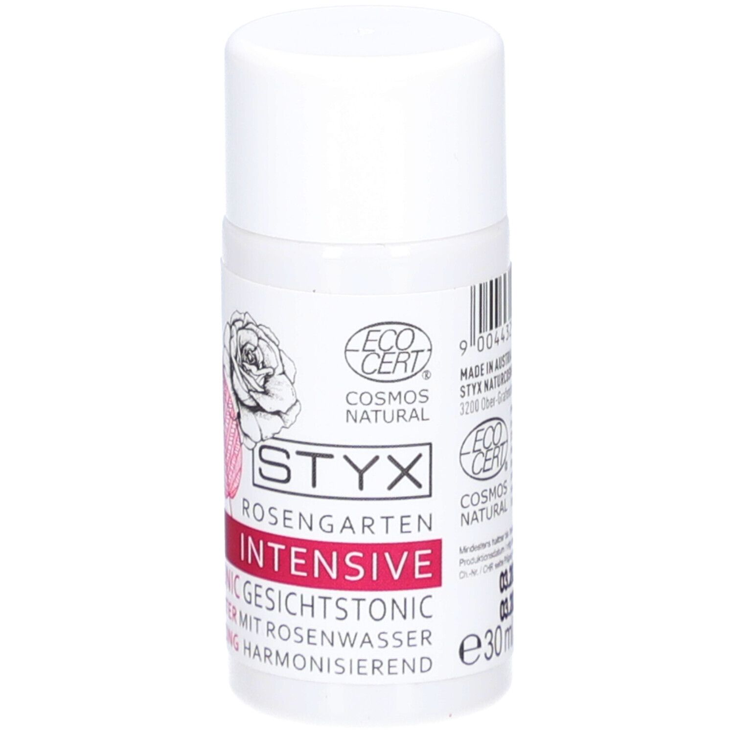 Weiße Flasche mit Deckel. Aufschrift STYX Rosengarten Intensive Gesichtstonic. ECOCERT-Logo. 30ml.
