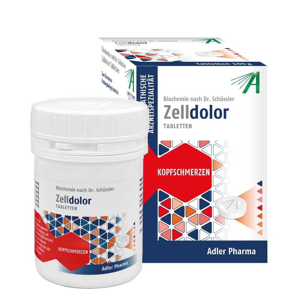 Weiße Tabletten in einer weißen Dose und Schachtel. Auf der Schachtel steht "Zelldolor Tabletten" und "Kopfschmerzen".