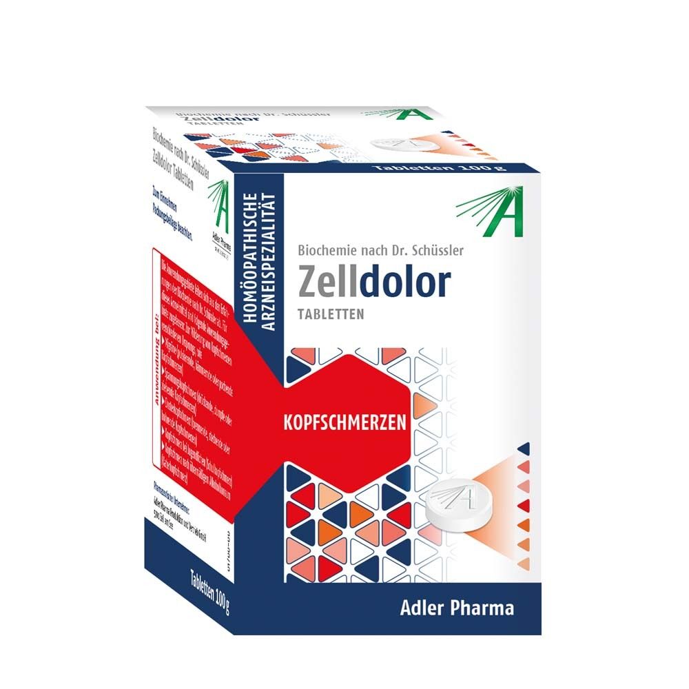 Weiße Tabletten in einer weißen Schachtel. Auf der Schachtel steht "Zelldolor Tabletten" und "Kopfschmerzen".