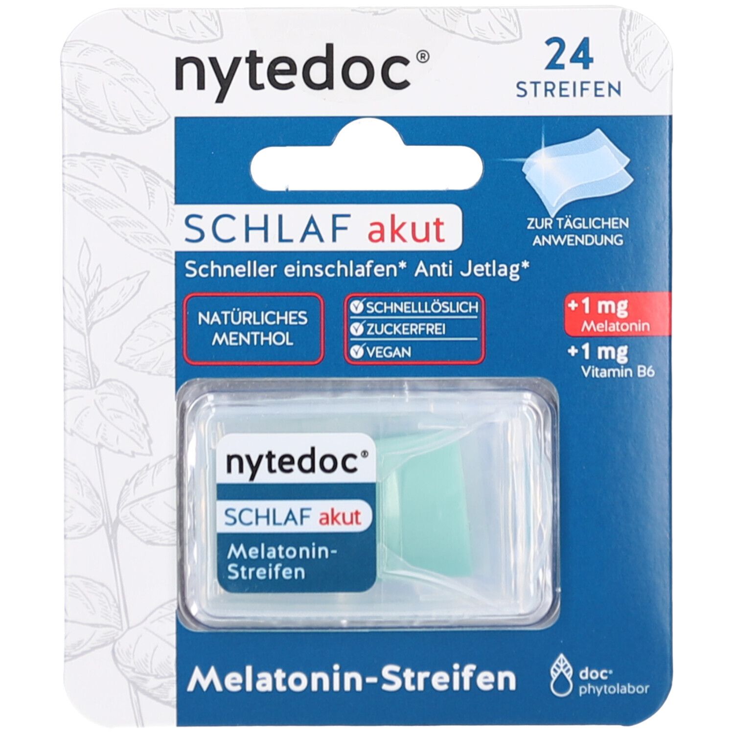 Verpackung mit 24 Streifen. Blaue und weiße Verpackung mit Produktnamen und Inhaltsangaben. Enthält Melatonin und Vitamin B6.