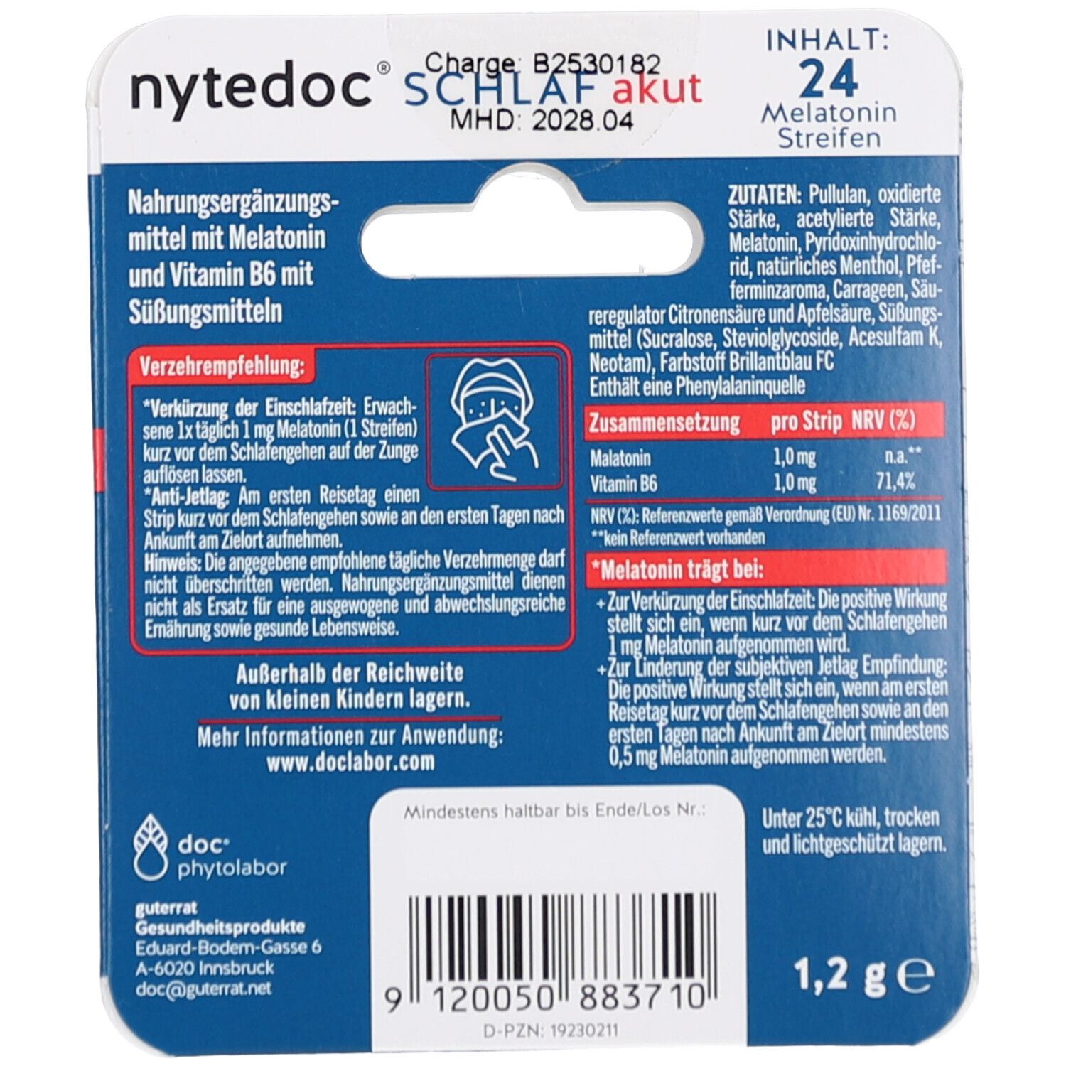 Rückseite der Verpackung mit Inhaltsangaben und Verzehrempfehlung. Enthält Melatonin und Vitamin B6. Text in deutscher Sprache.