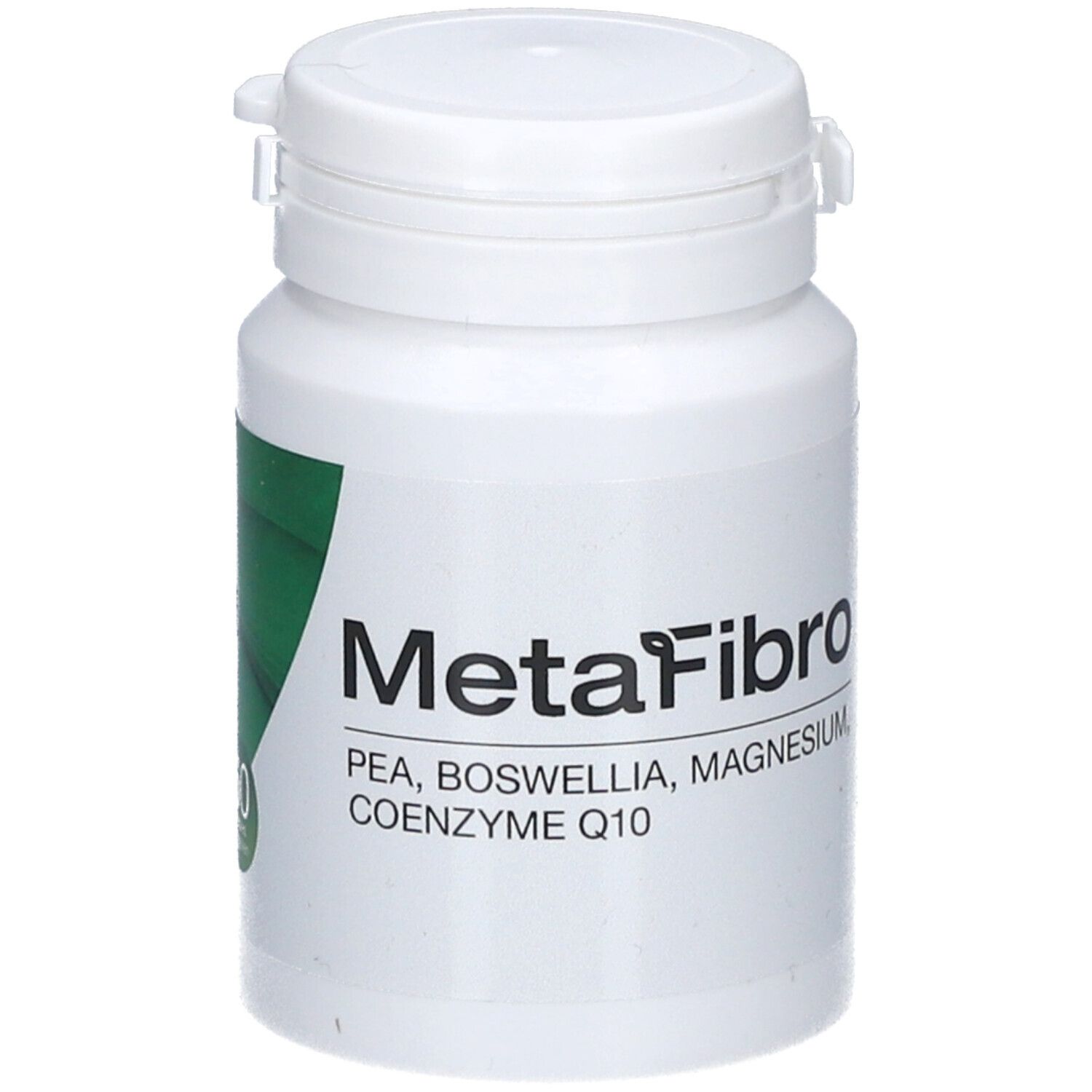 Weiße Flasche mit MetaFibro-Etikett. Enthält PEA, Boswellia, Magnesium, Coenzym Q10.