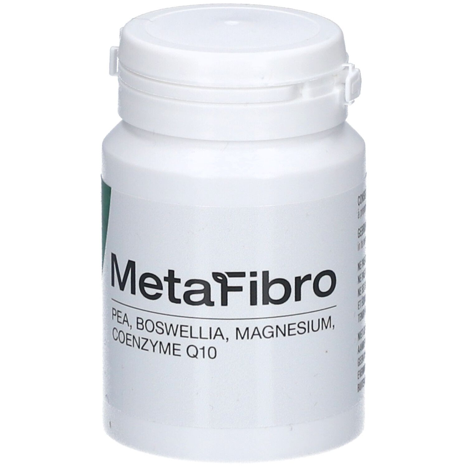 Weiße Flasche mit MetaFibro-Etikett. Enthält PEA, Boswellia, Magnesium, Coenzym Q10.