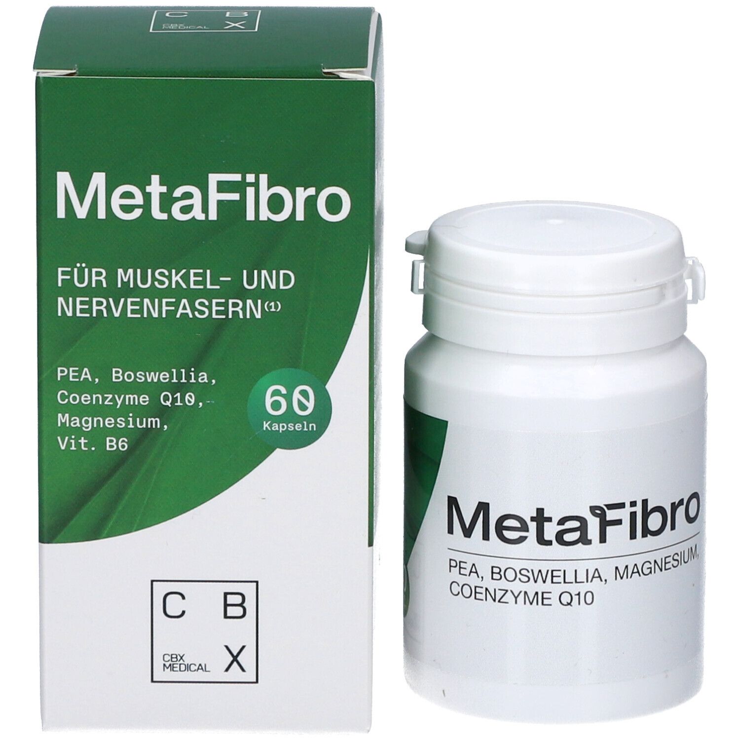 MetaFibro-Produkt mit Verpackung. Enthält 60 Kapseln. CBX Medical Logo.