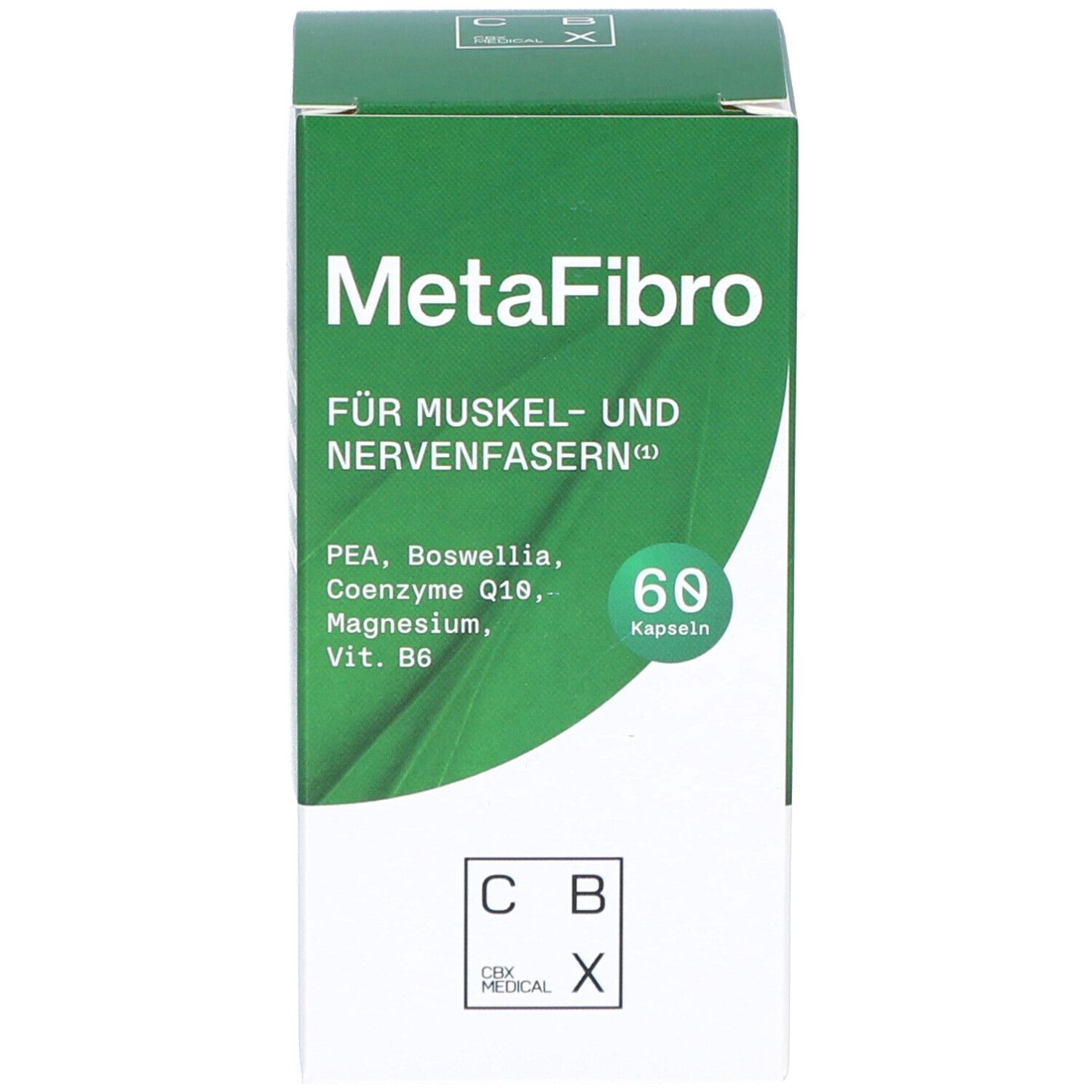 Verpackung von MetaFibro. Enthält 60 Kapseln. CBX Medical Logo.