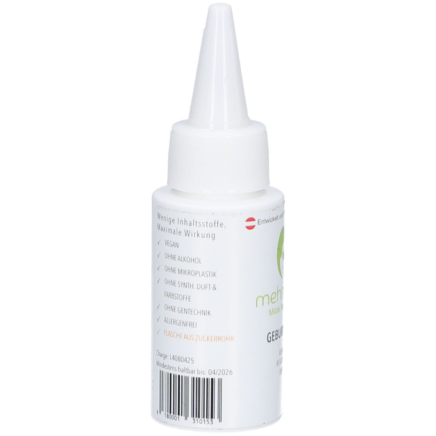 Weiße Flasche mit spitzer Spitze. Aufschrift: Wenige Inhaltsstoffe. Maximale Wirkung. Vegan. Ohne Alkohol, Mikroplastik, Duftstoffe.