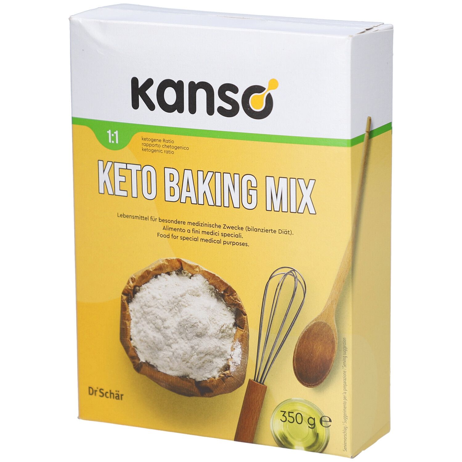 Verpackung mit KETO BAKING MIX. Marke: kanso. Aufdruck: 1:1, 350 g. Enthält Mehl, Schneebesen und Löffel. Gelber Hintergrund.