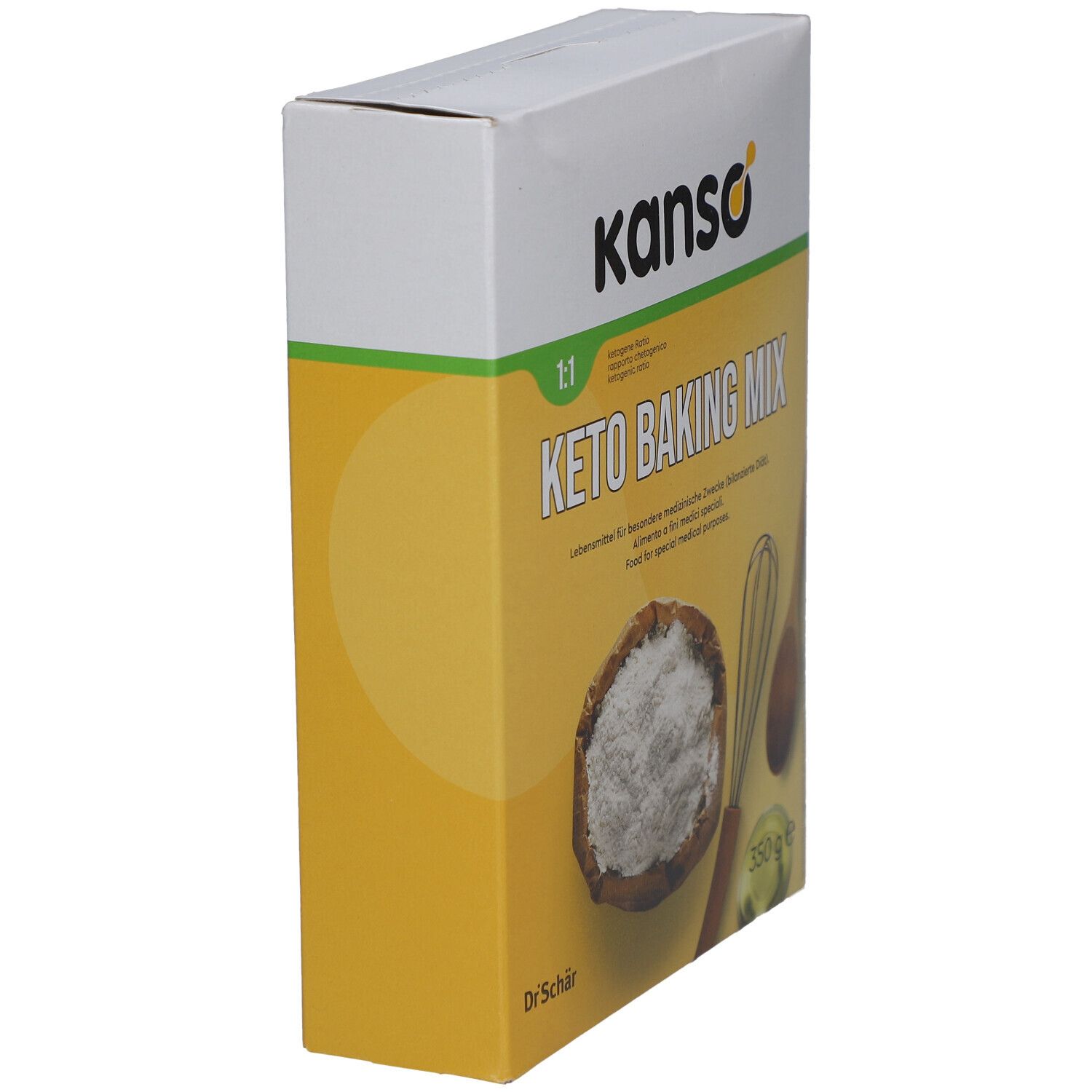 KETO BAKING MIX-Verpackung, Marke kanso. Gelb-weiße Schachtel. Aufdruck: 1:1, 350 g. Eckansicht.