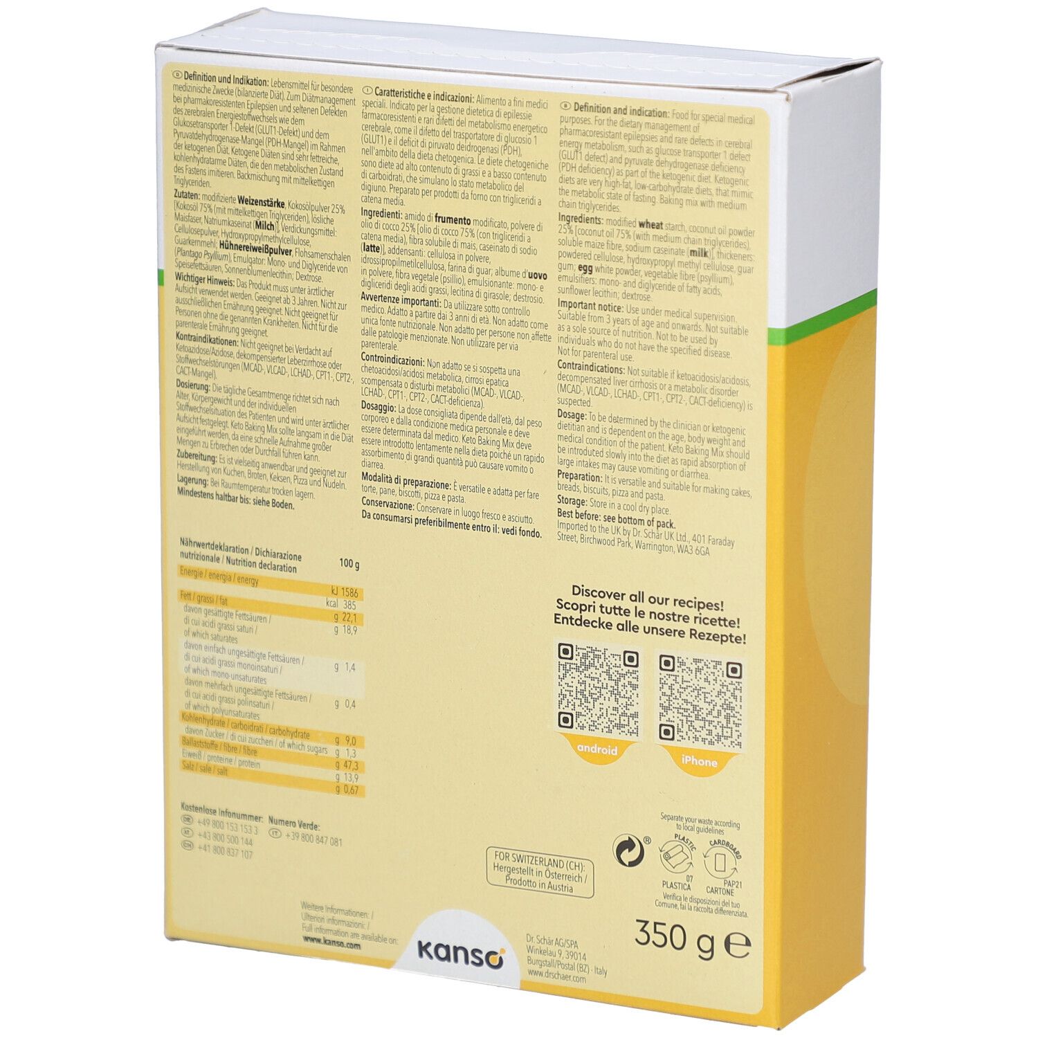 Rückseite der KETO BAKING MIX-Verpackung. Enthält Informationen zu Inhaltsstoffen und Nährwerten. Marke: kanso. 350 g.