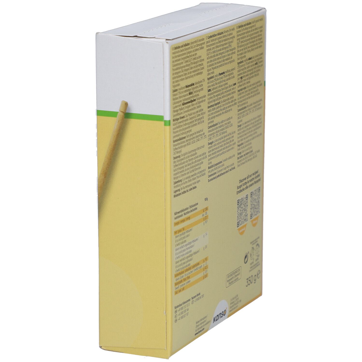 KETO BAKING MIX-Verpackung, Seitenansicht. Gelb-weiße Schachtel. Marke: kanso. Grüne Linie.