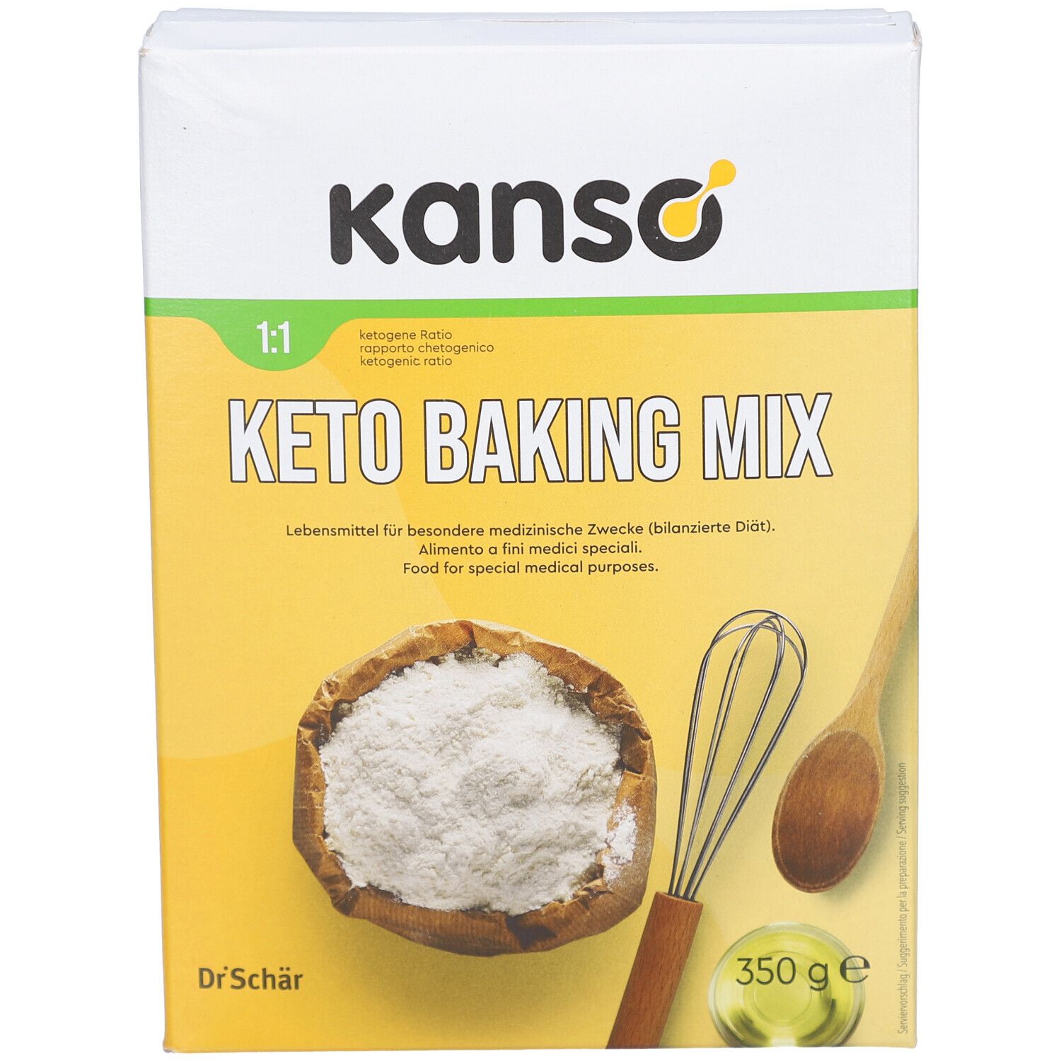 KETO BAKING MIX-Verpackung. Marke: kanso. Aufdruck: 1:1, 350 g. Enthält Mehl, Schneebesen und Löffel. Gelber Hintergrund.
