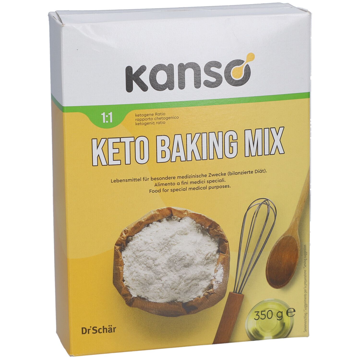 KETO BAKING MIX-Verpackung. Marke: kanso. Aufdruck: 1:1, 350 g. Enthält Mehl, Schneebesen und Löffel. Gelber Hintergrund.