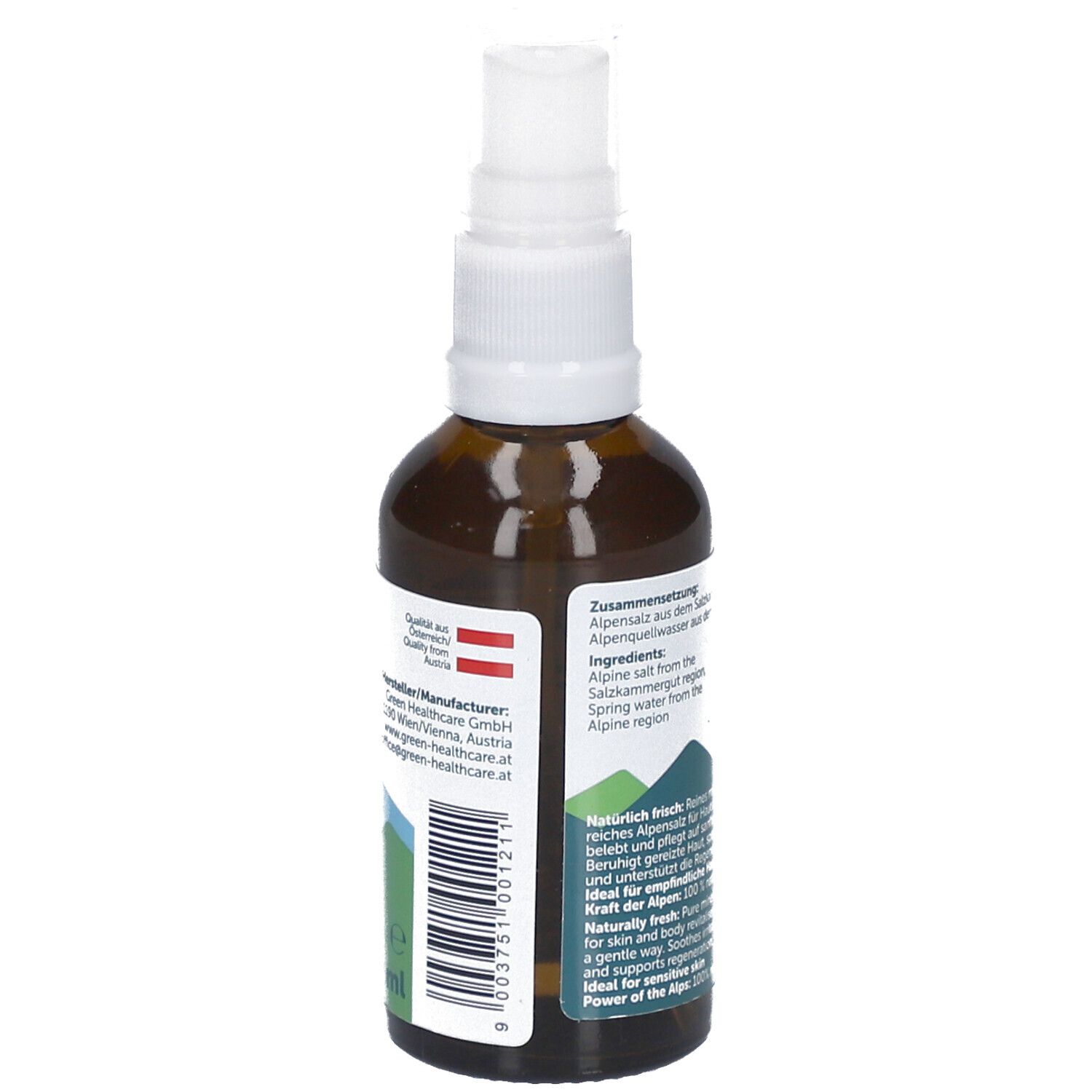 Braune Glasflasche mit weißem Sprühkopf. Etikett mit Herstellerinformationen und Barcode. Österreichisches Qualitätszeichen.
