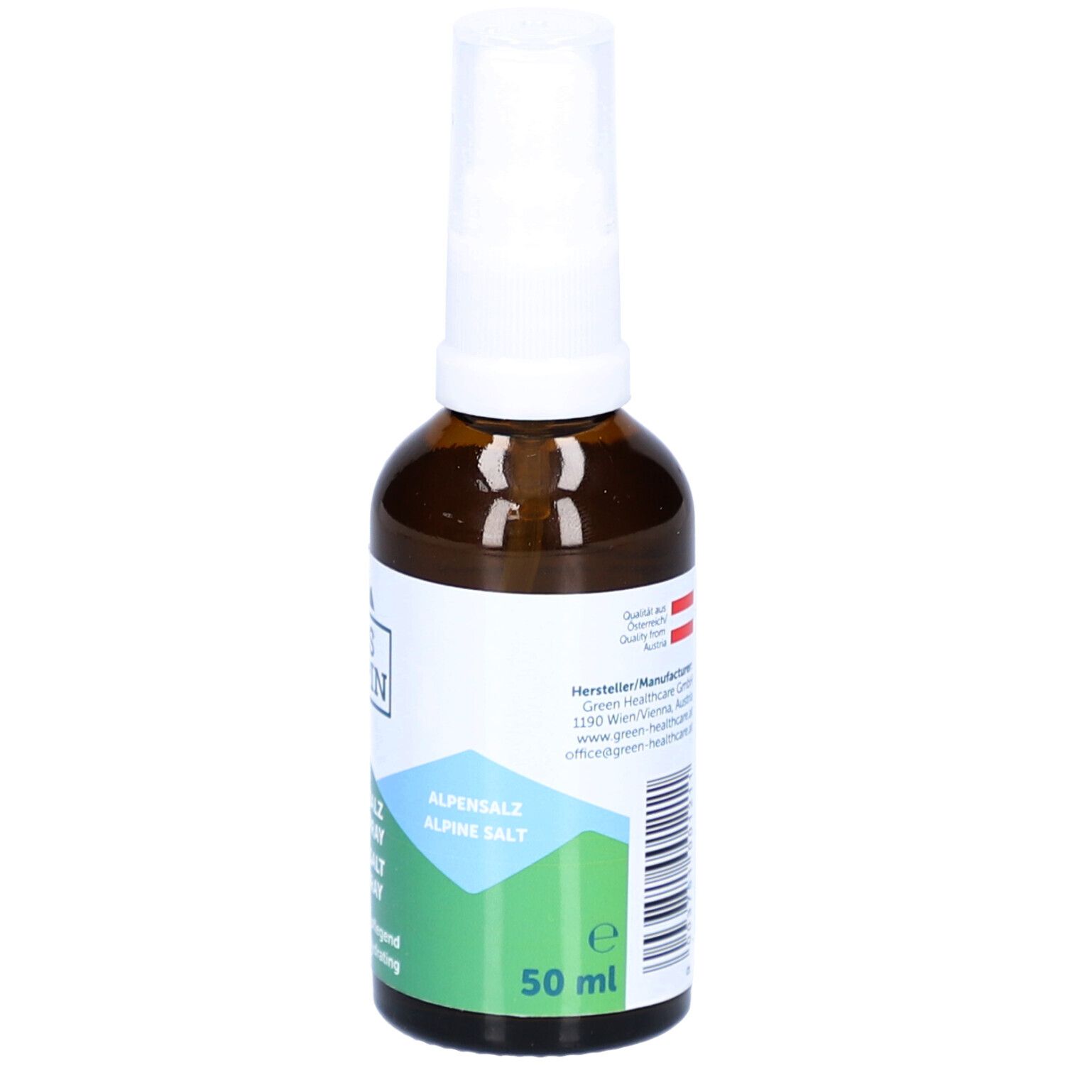 Braune Glasflasche mit weißem Sprühkopf. Etikett mit Produktbezeichnung und Volumenangabe: 50 ml. Grün-weißes Design.