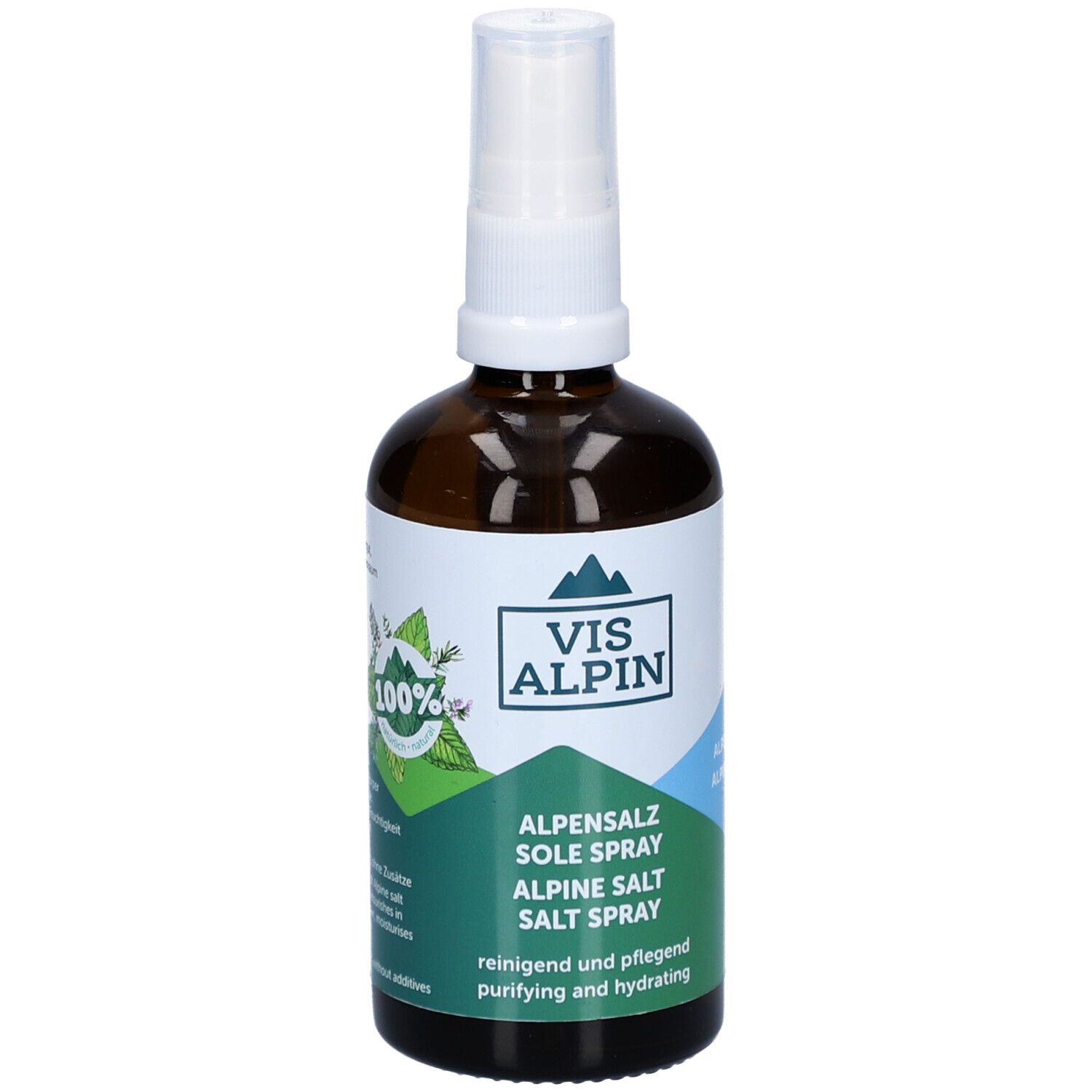 Braune Glasflasche mit weißem Sprühkopf. Etikett mit Logo und Text: Alpensalz Sole Spray. Reinigend und pflegend.