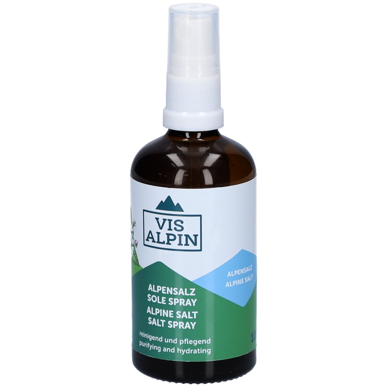 Braune Glasflasche mit weißem Sprühkopf. Etikett mit Logo und Text: Alpensalz Sole Spray. Reinigend und pflegend.