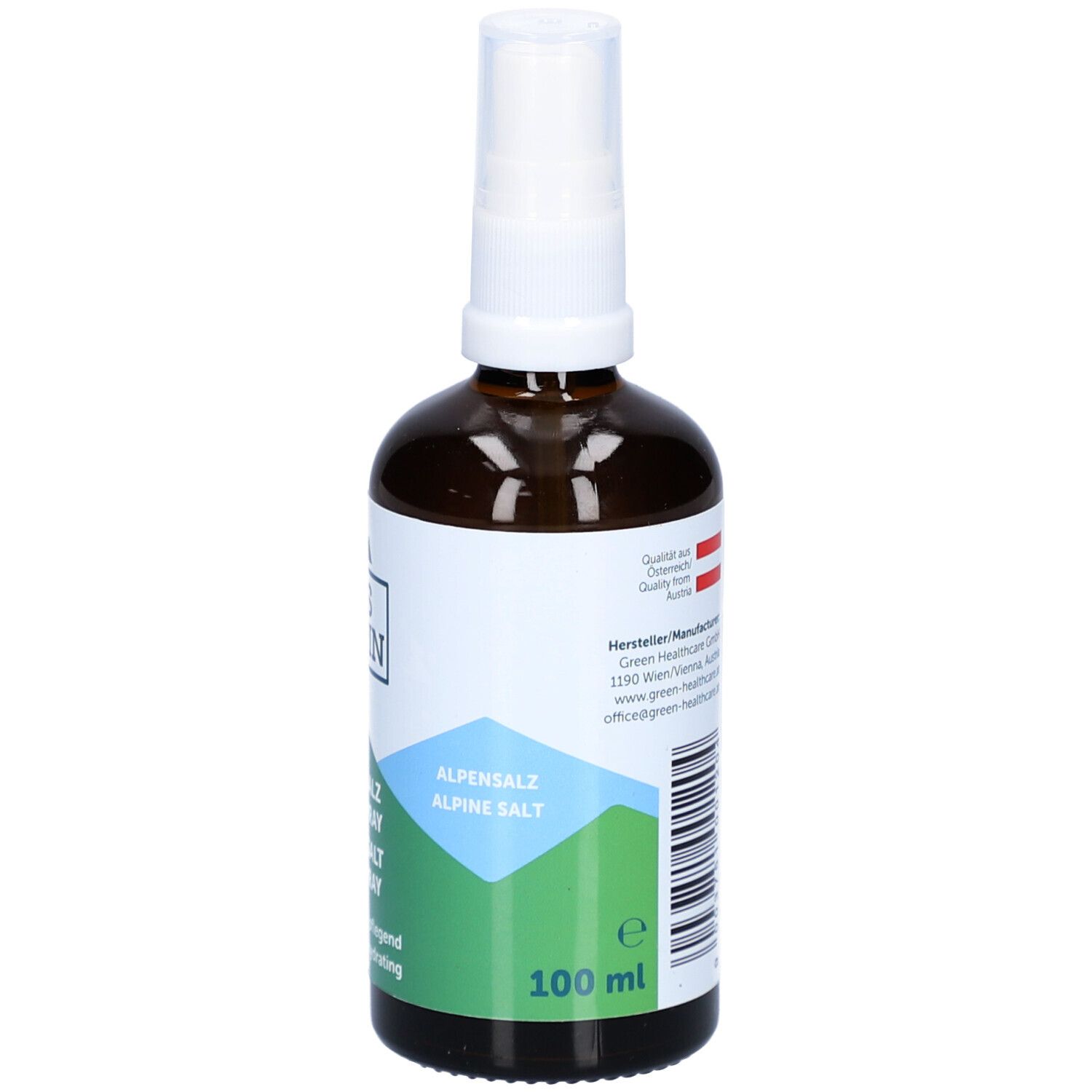 Braune Glasflasche mit weißem Sprühkopf. Etikett mit Text: Alpensalz Alpine Salt. 100 ml. Hergestellt in Österreich.