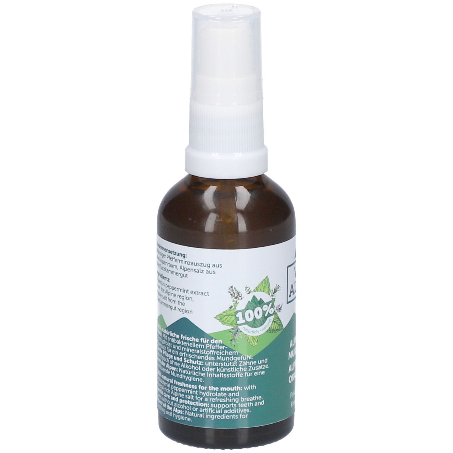 Braune Glasflasche mit weißem Sprühkopf. Etikett mit Text: Inhaltsstoffe, Anwendung, 100% natürliche Inhaltsstoffe, VIS ALPIN Logo.