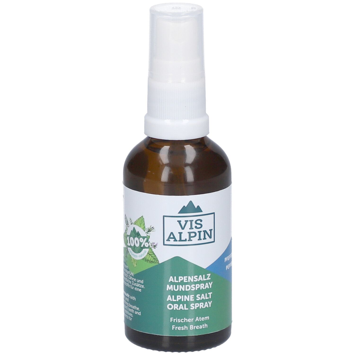 Braune Glasflasche mit weißem Sprühkopf. Etikett mit VIS ALPIN Logo, Text: Alpensalz Mundspray, Alpine Salt Oral Spray, Frischer Atem.