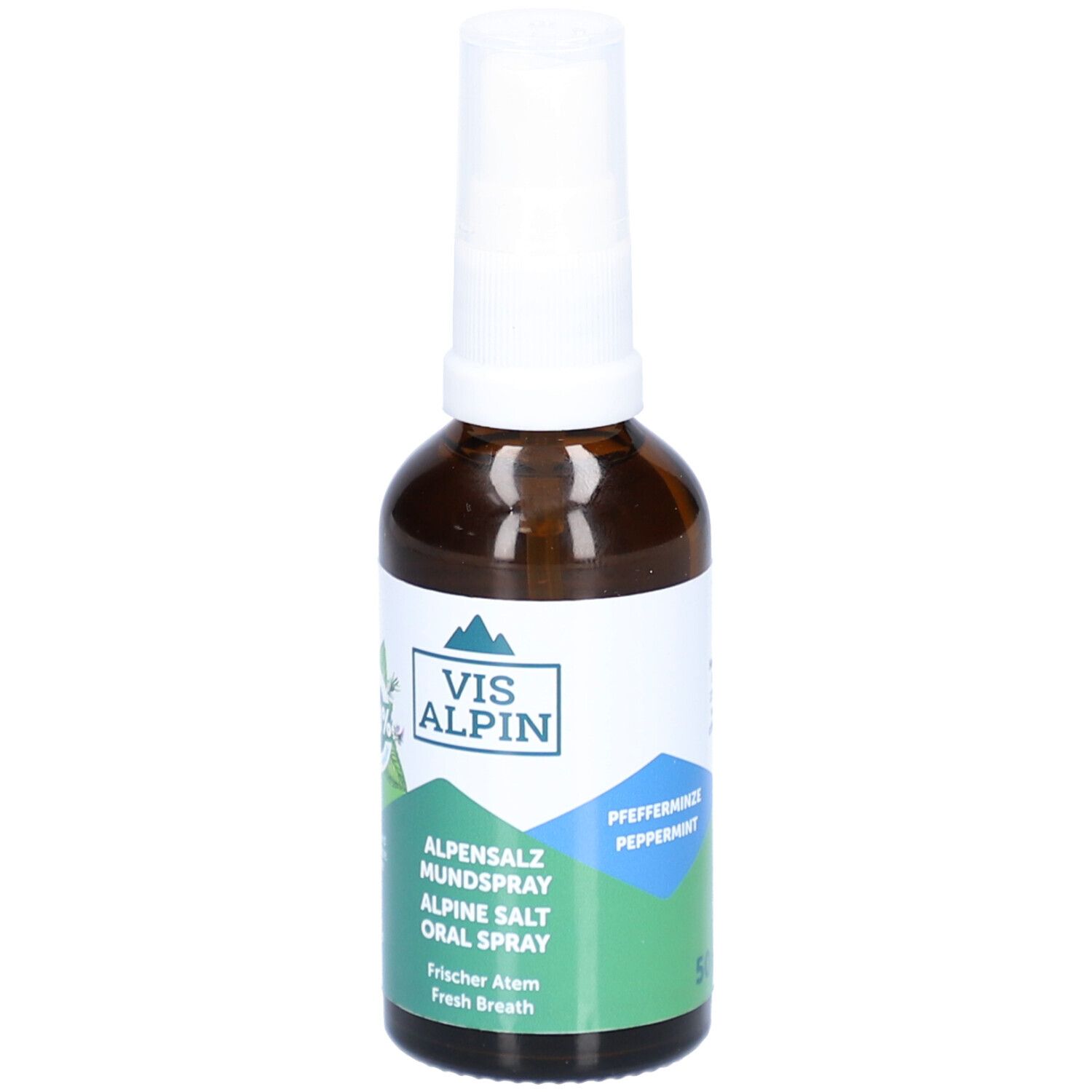 Braune Glasflasche mit weißem Sprühkopf. Etikett mit VIS ALPIN Logo, Text: Alpensalz Mundspray, Alpine Salt Oral Spray, Pfefferminze, Peppermint.