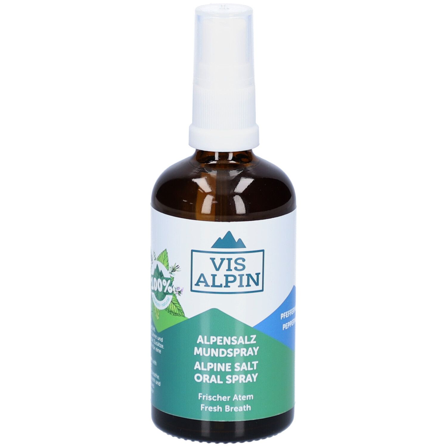 Braune Glasflasche mit weißem Sprühkopf. Etikett mit VIS ALPIN Logo, Text: Alpensalz Mundspray, Alpine Salt Oral Spray, Frischer Atem.