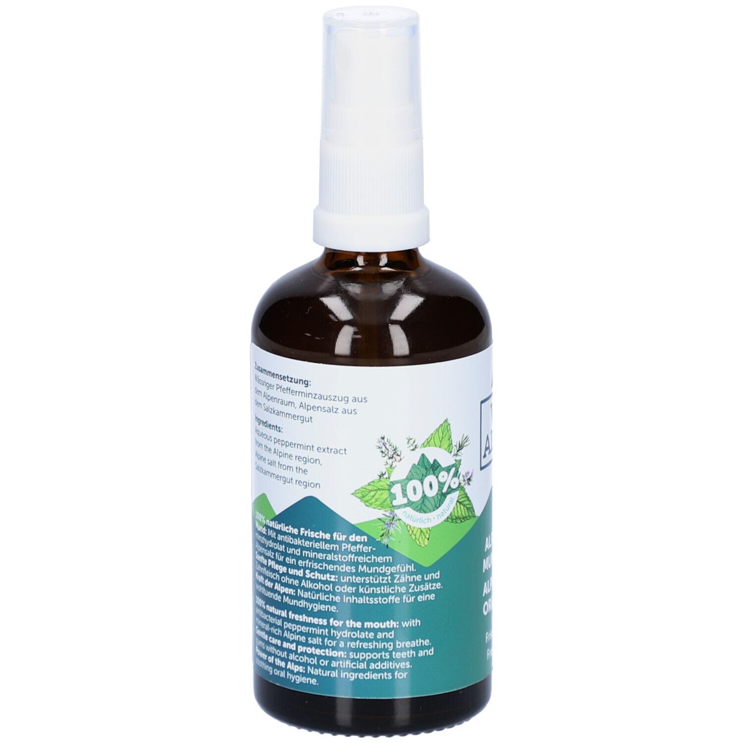 Rückseite der braunen Glasflasche. Etikett mit Text über Inhaltsstoffe und Anwendung. Logo: 100%.