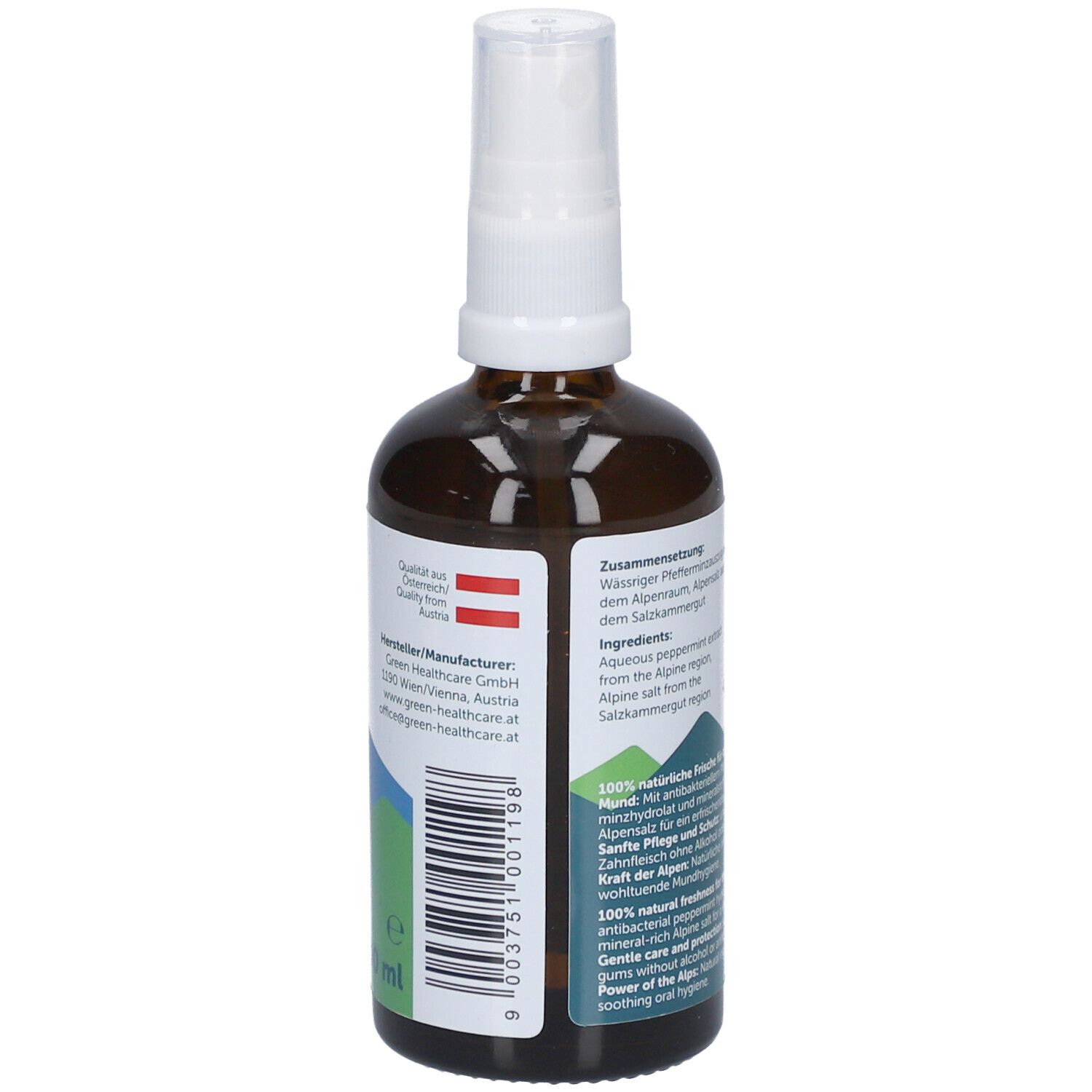 Rückseite der braunen Glasflasche. Etikett mit Text, Herstellerinformationen und österreichischem Qualitätszeichen.