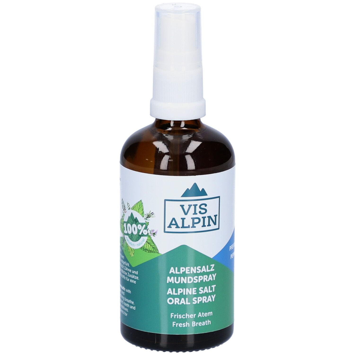 Braune Glasflasche mit weißem Sprühkopf. Etikett mit VIS ALPIN Logo, Text: Alpensalz Mundspray, Alpine Salt Oral Spray, Frischer Atem.