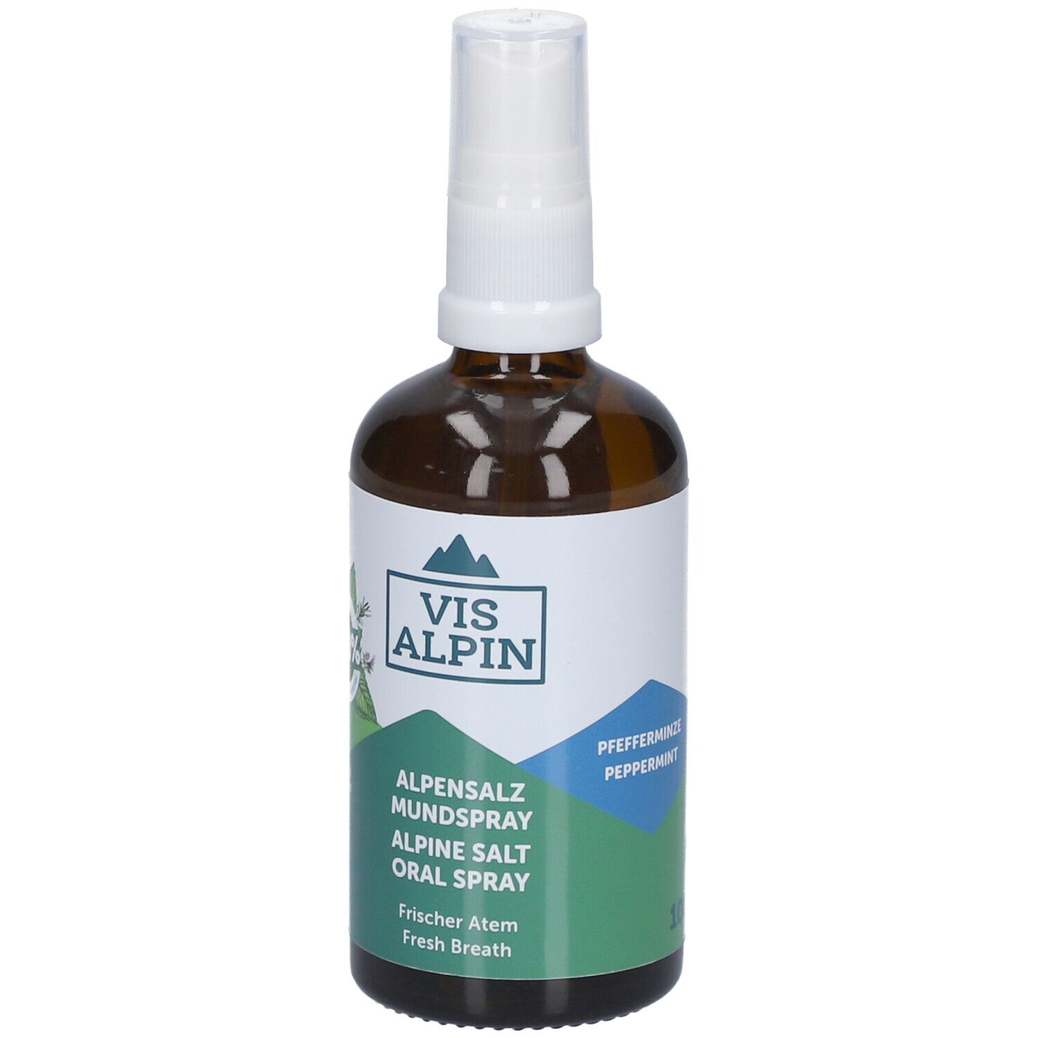 Braune Glasflasche mit weißem Sprühkopf. Etikett mit VIS ALPIN Logo, Text: Alpensalz Mundspray, Alpine Salt Oral Spray, Pfefferminze.