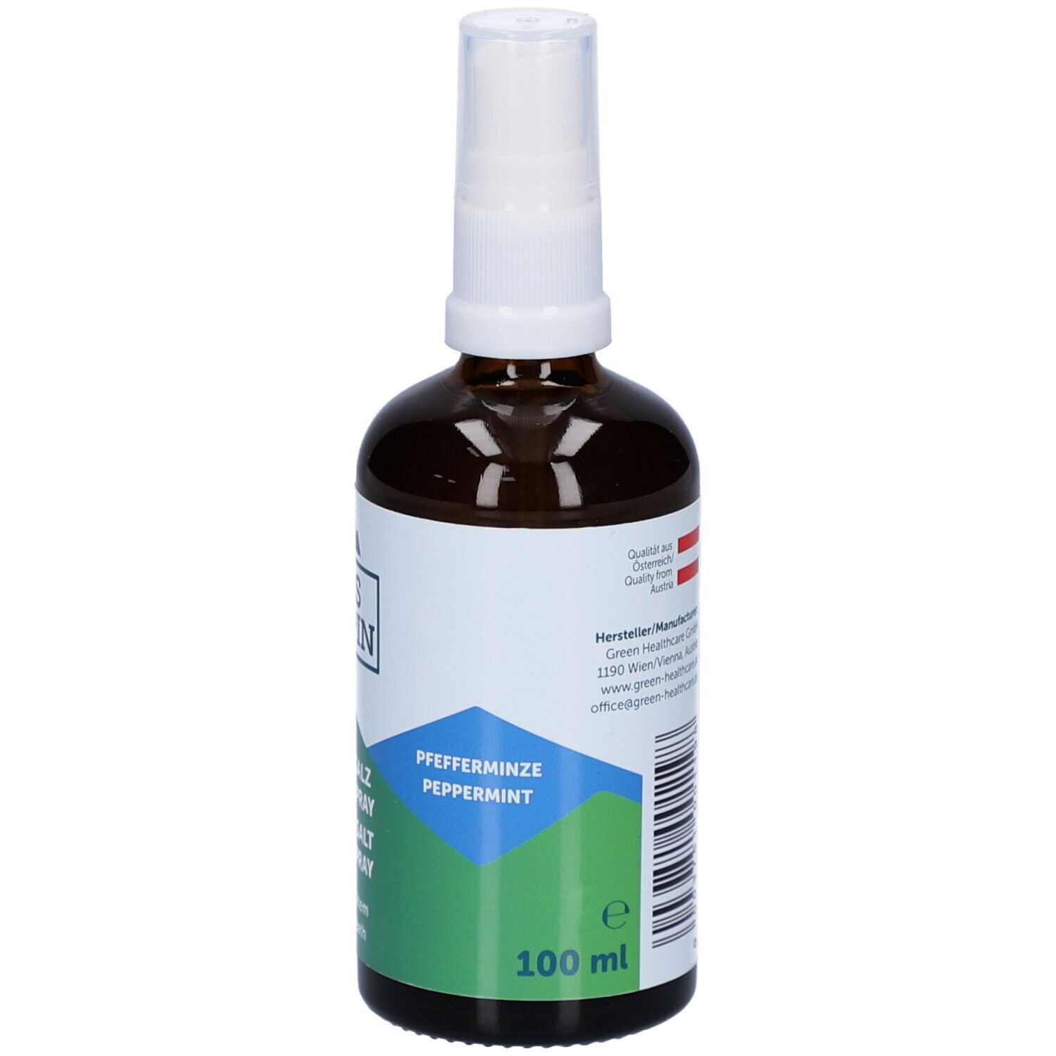 Rückseite der braunen Glasflasche. Etikett mit Text, Herstellerinformationen, österreichischem Qualitätszeichen und 100 ml.