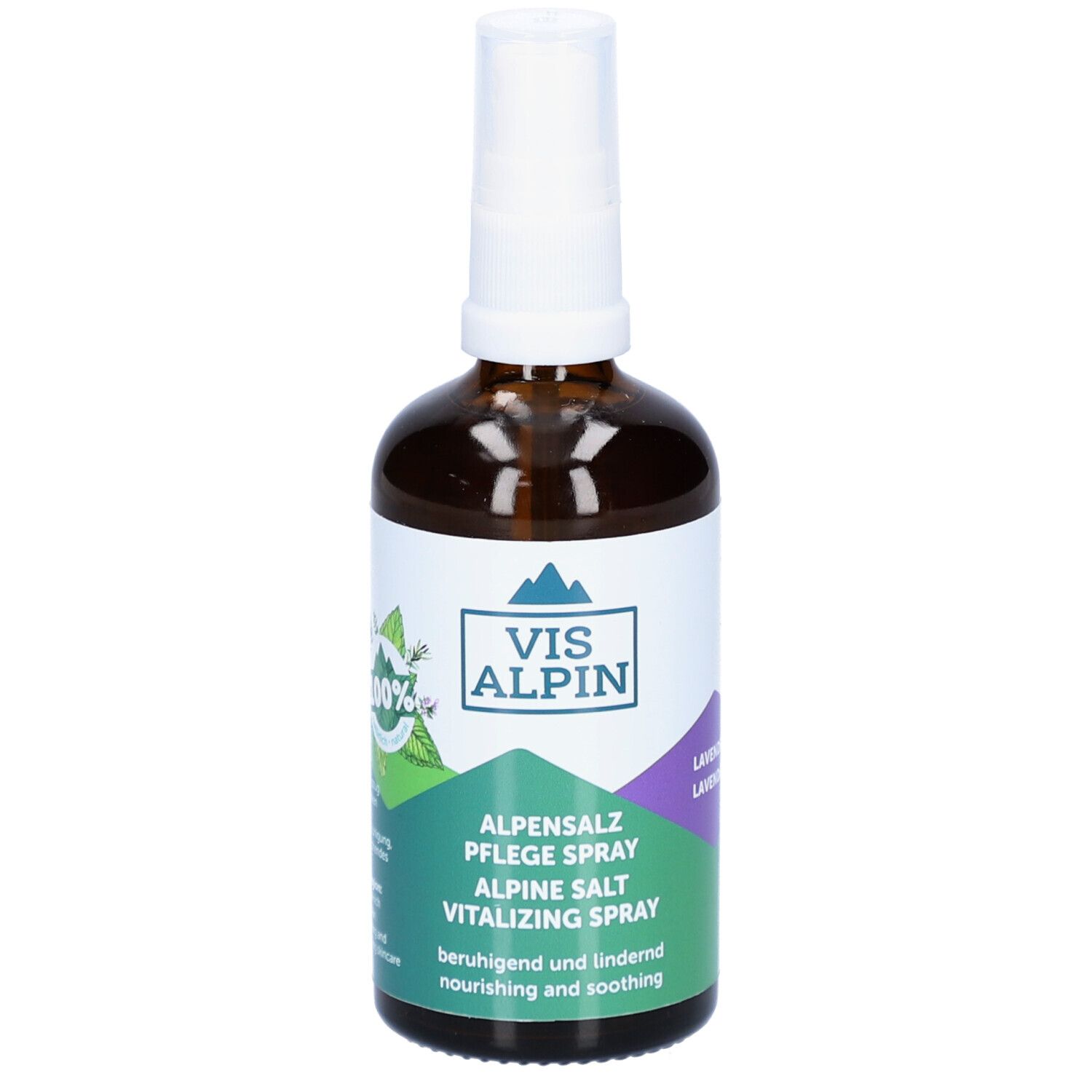 Braune Glasflasche mit weißem Sprühkopf. Etikett mit Produktnamen und Logo. Text: AlpenSalz Pflegespray, Alpine Salt Vitalizing Spray.