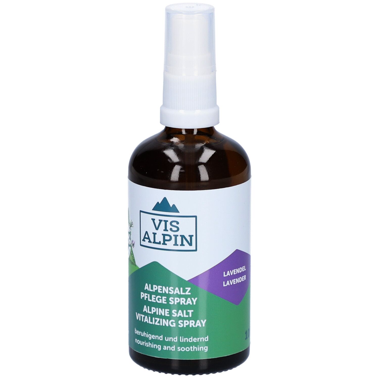 Braune Glasflasche mit weißem Sprühkopf. Etikett mit Produktnamen und Logo. Text: AlpenSalz Pflegespray, Alpine Salt Vitalizing Spray.