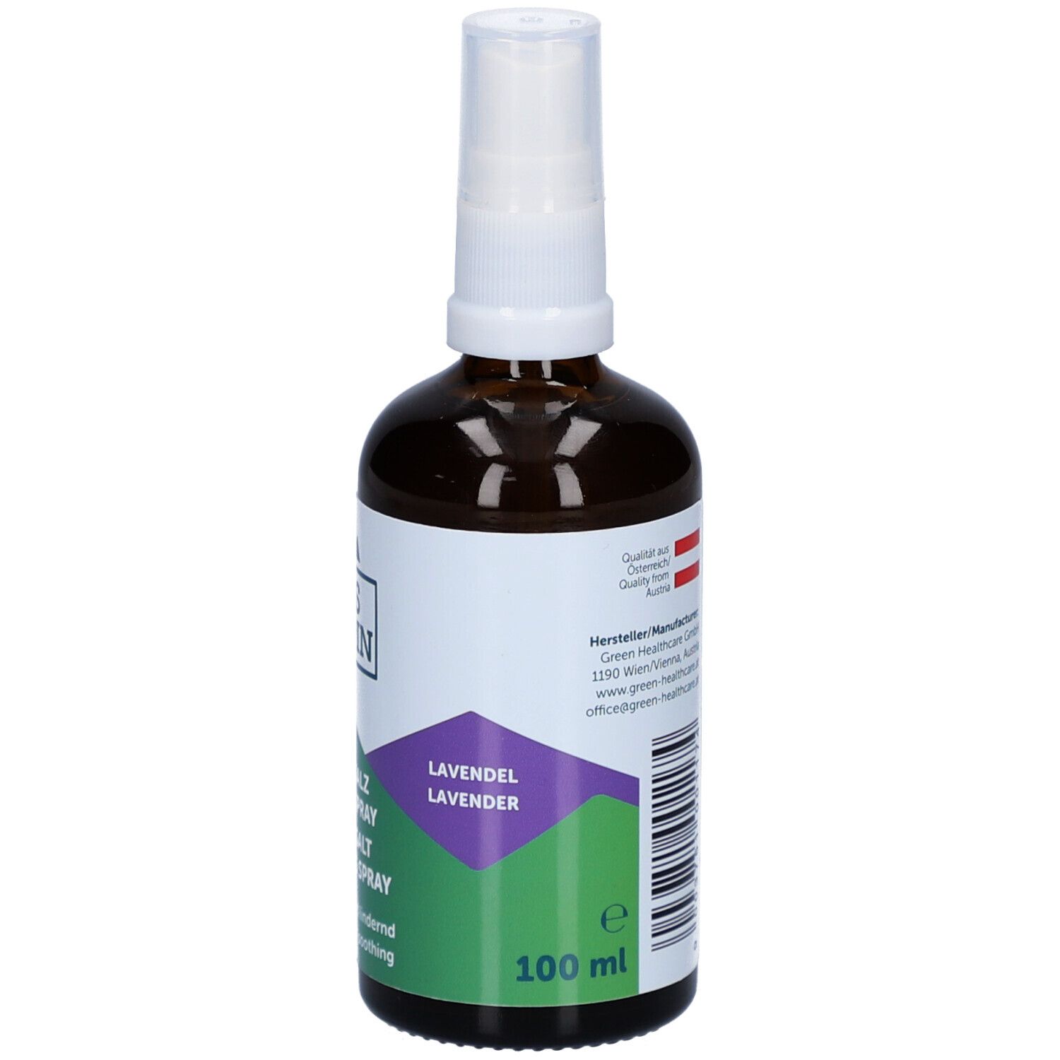 Rückansicht der braunen Glasflasche. Etikett mit Produktnamen, Herstellerinformationen und Volumenangabe: 100 ml.