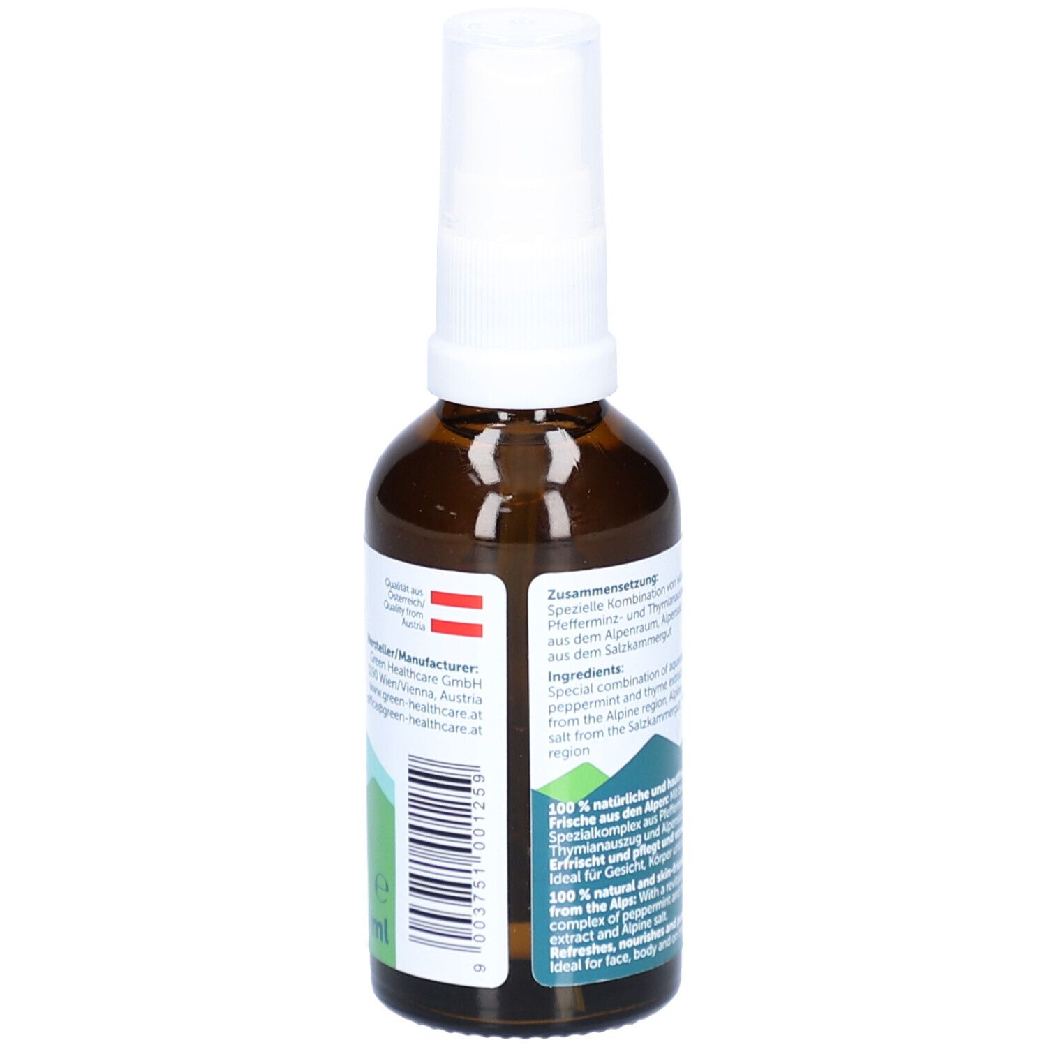 Braune Glasflasche mit weißem Sprühkopf. Rückansicht mit Text, Inhaltsstoffen und Barcode.