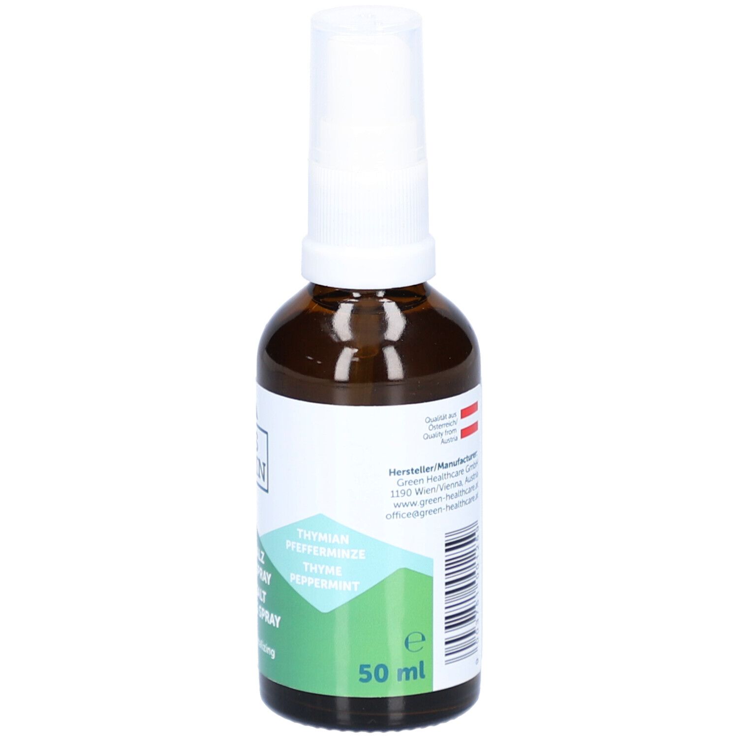 Braune Glasflasche mit weißem Sprühkopf. Rückansicht mit Text, Inhaltsstoffen und 50 ml Angabe.