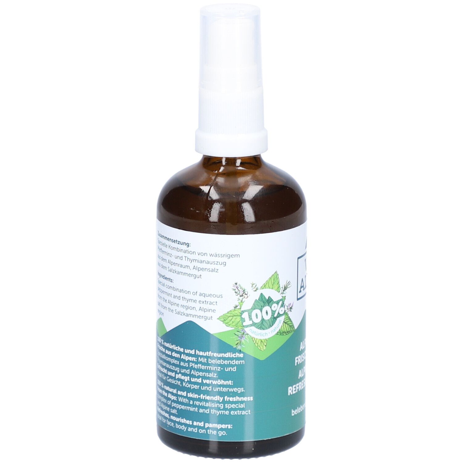 Braune Glasflasche mit weißem Sprühkopf. Etikett mit Text über Inhaltsstoffe und Eigenschaften. VIS ALPIN Logo und 100% Siegel.