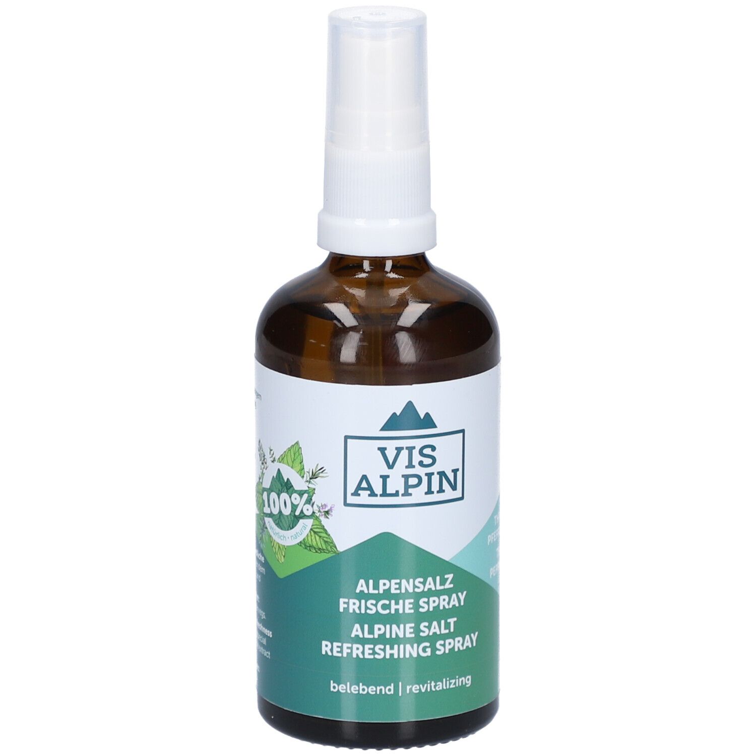 Braune Glasflasche mit weißem Sprühkopf. Etikett mit VIS ALPIN Logo und Text: Alpensaiz Frischespray, Alpine Salt Refreshing Spray.