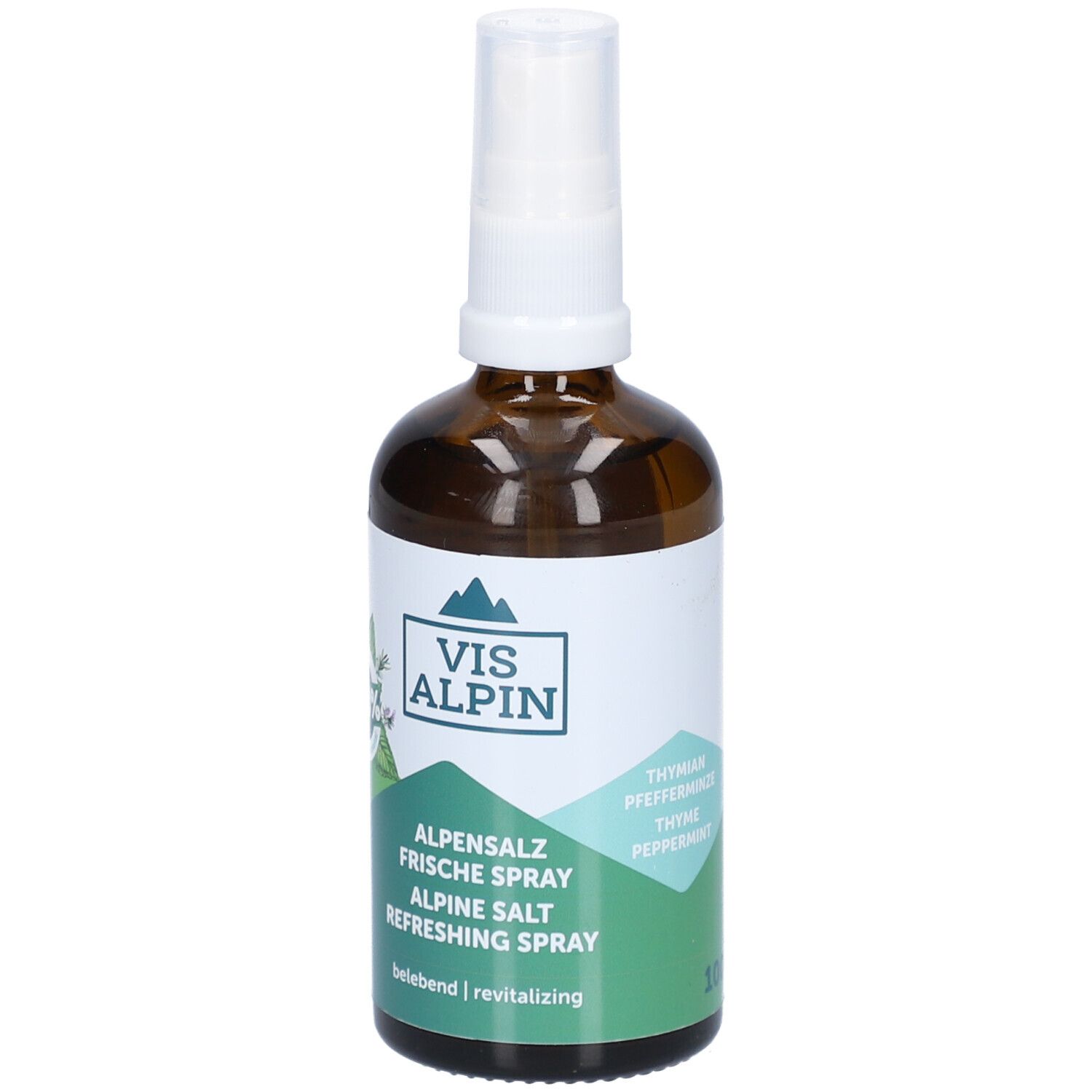 Braune Glasflasche mit weißem Sprühkopf. Etikett mit VIS ALPIN Logo und Text: Alpensaiz Frischespray, Alpine Salt Refreshing Spray.