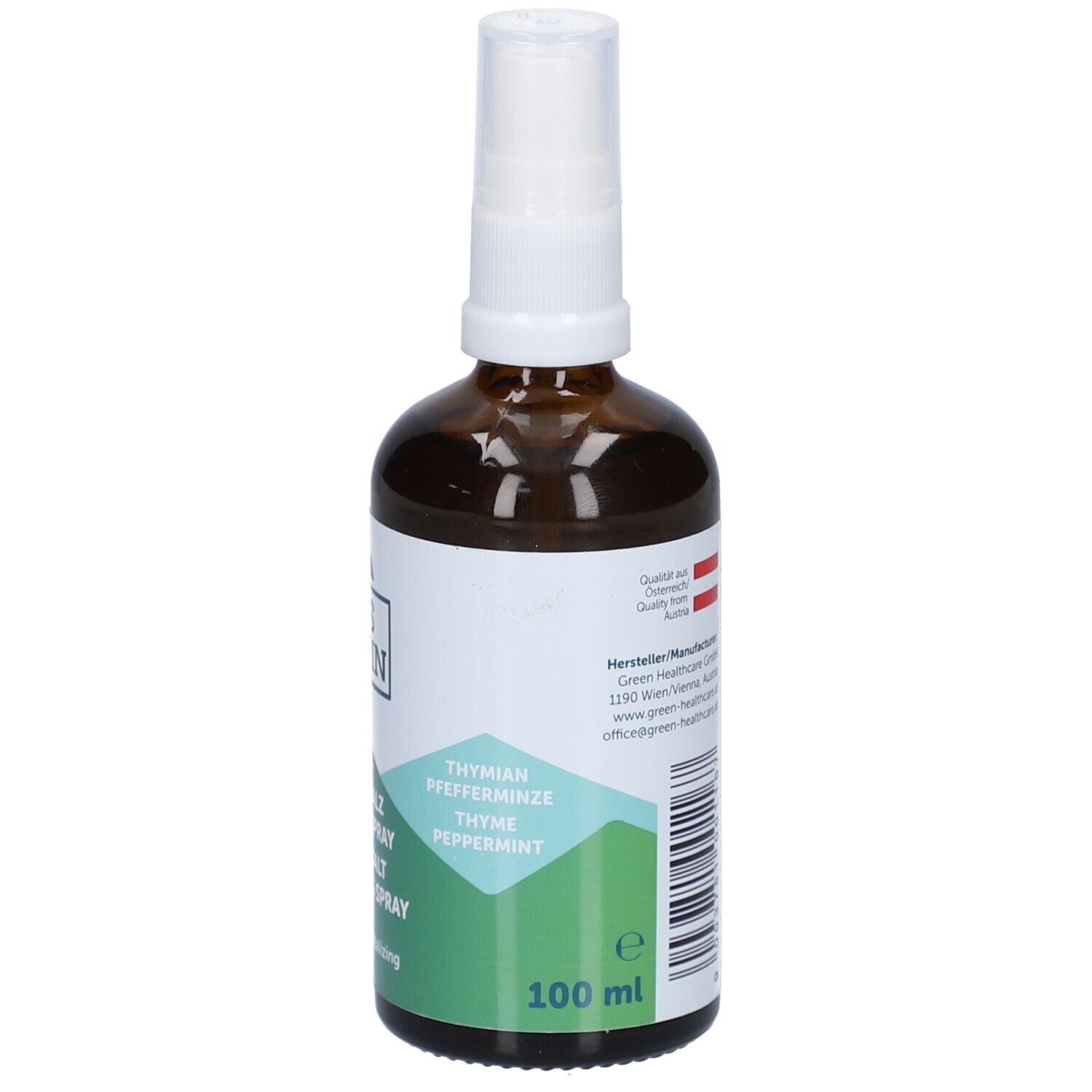 Braune Glasflasche mit weißem Sprühkopf. Rückseite mit Text, Herstellerinformationen, österreichischer Flagge und 100 ml Angabe.