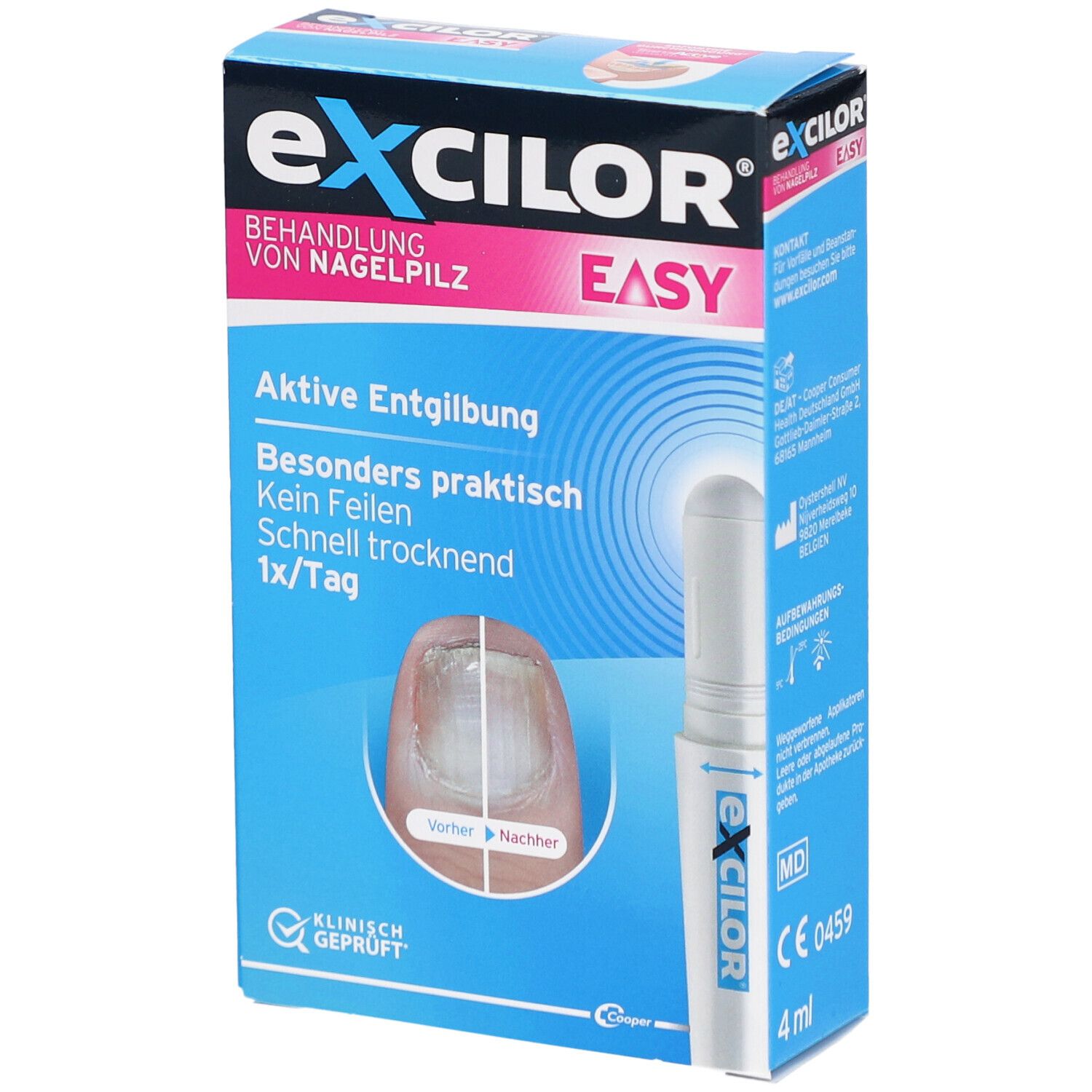 Blau-weiße Schachtel mit Excilor Easy. Enthält einen Stift und eine Abbildung eines Nagels. Aufschrift: Behandlung von Nagelpilz.