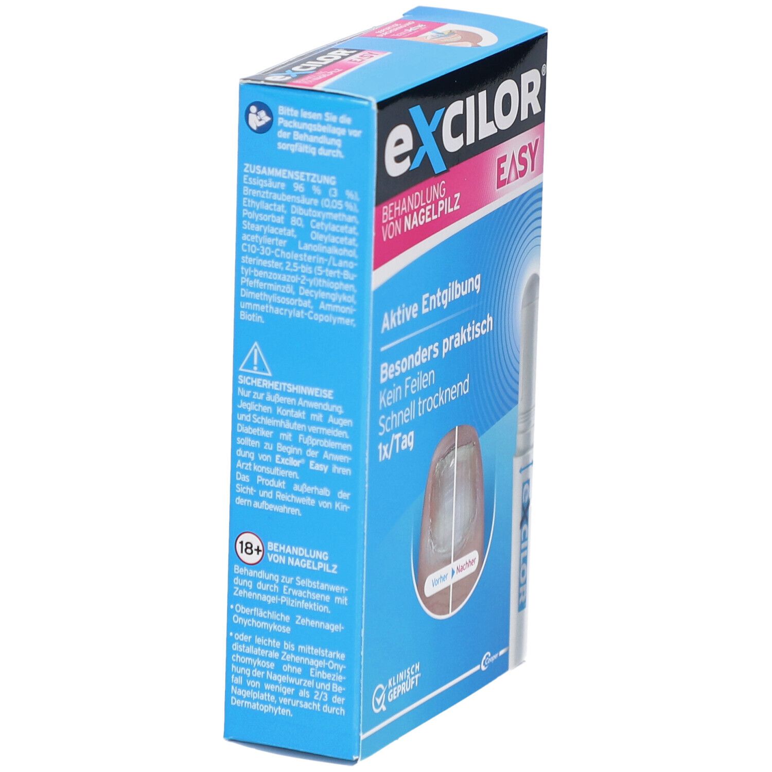 Blaue Schachtel mit Excilor Easy. Enthält Informationen und Inhaltsstoffe. Aufschrift: Behandlung von Nagelpilz. 18+ Symbol.